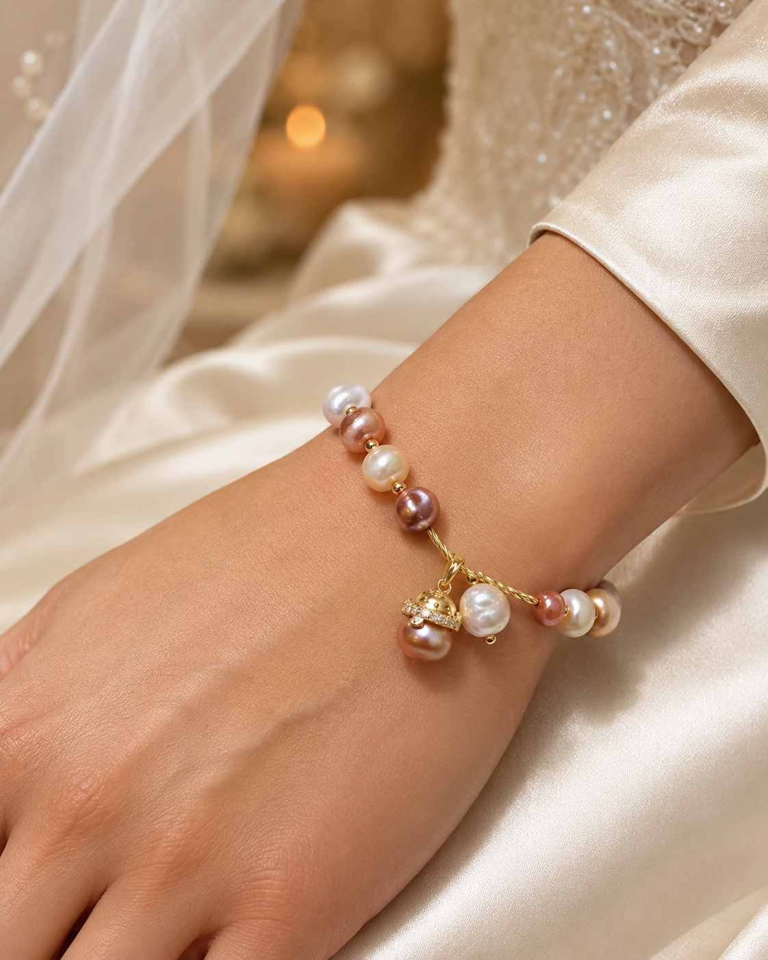 Close-up of a multicolor freshwater pearl charm bracelet worn on the wrist