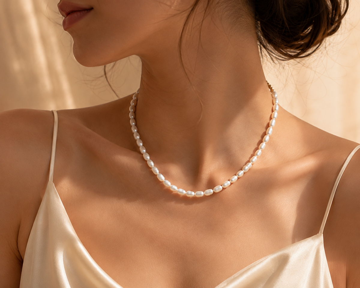 Side view of woman wearing a natural white rice pearl necklace