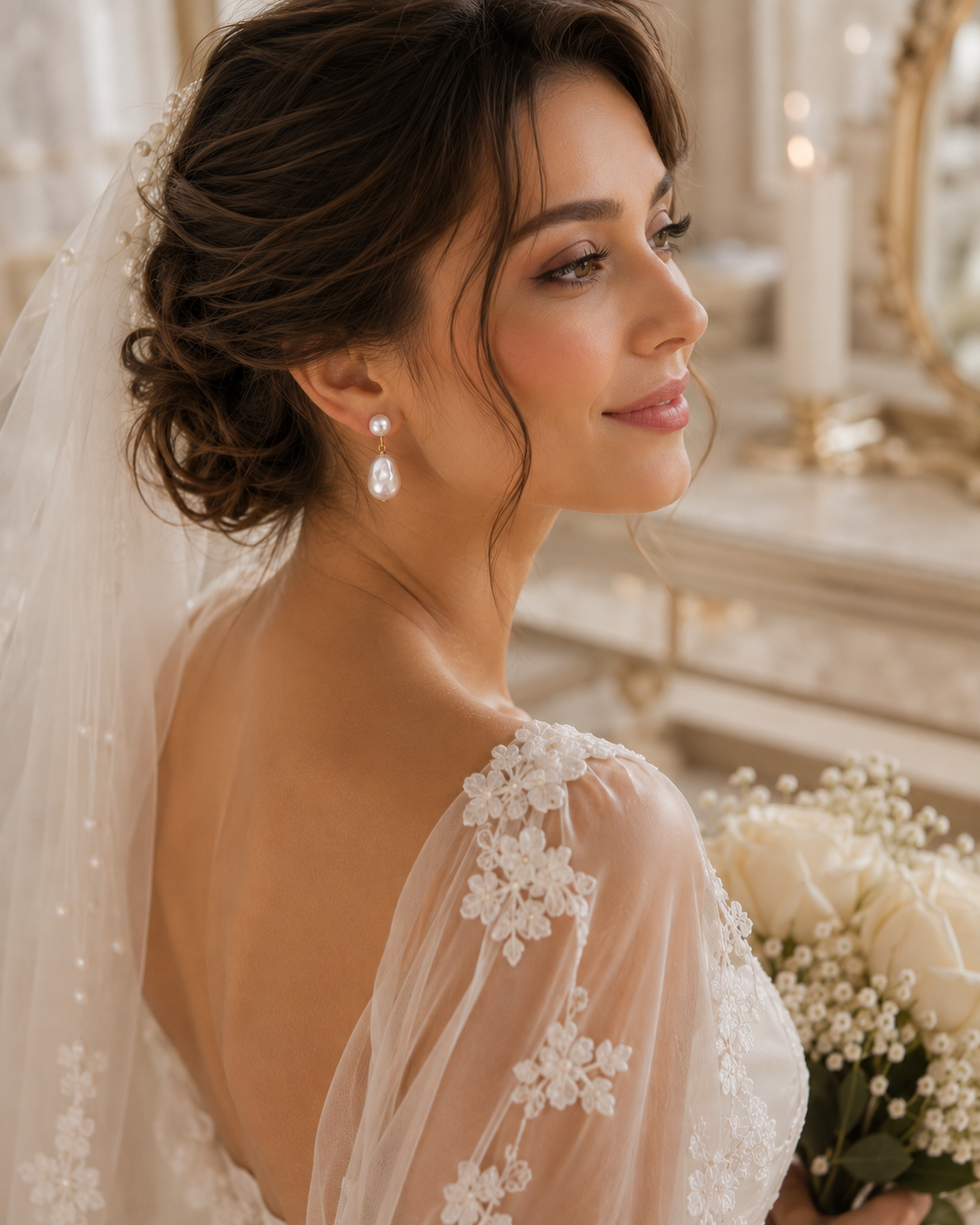 Bridal portrait featuring delicate freshwater pearl and baroque drop earrings