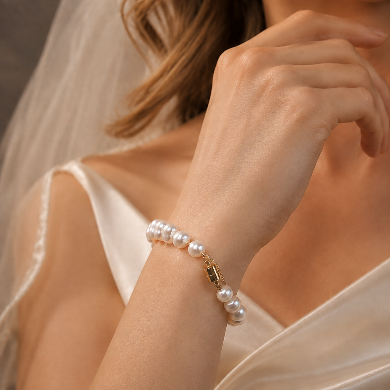 Close-up of a natural freshwater pearl magnetic bracelet worn on the wrist