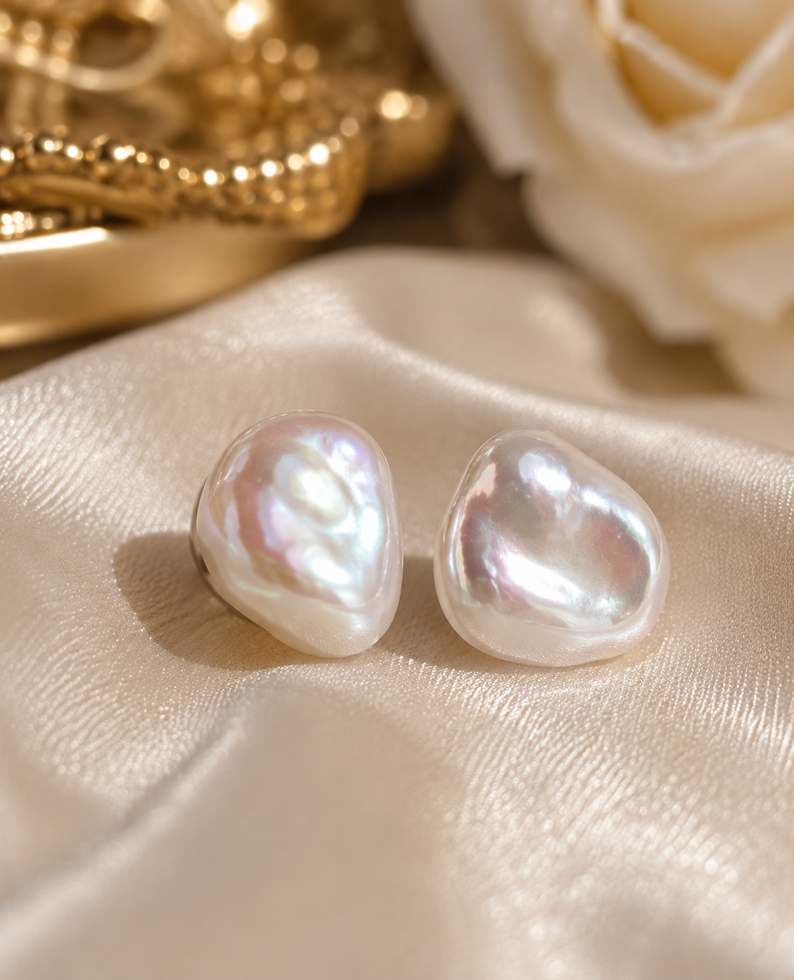 Close-up of two naturally shaped white baroque freshwater pearl stud earrings on satin