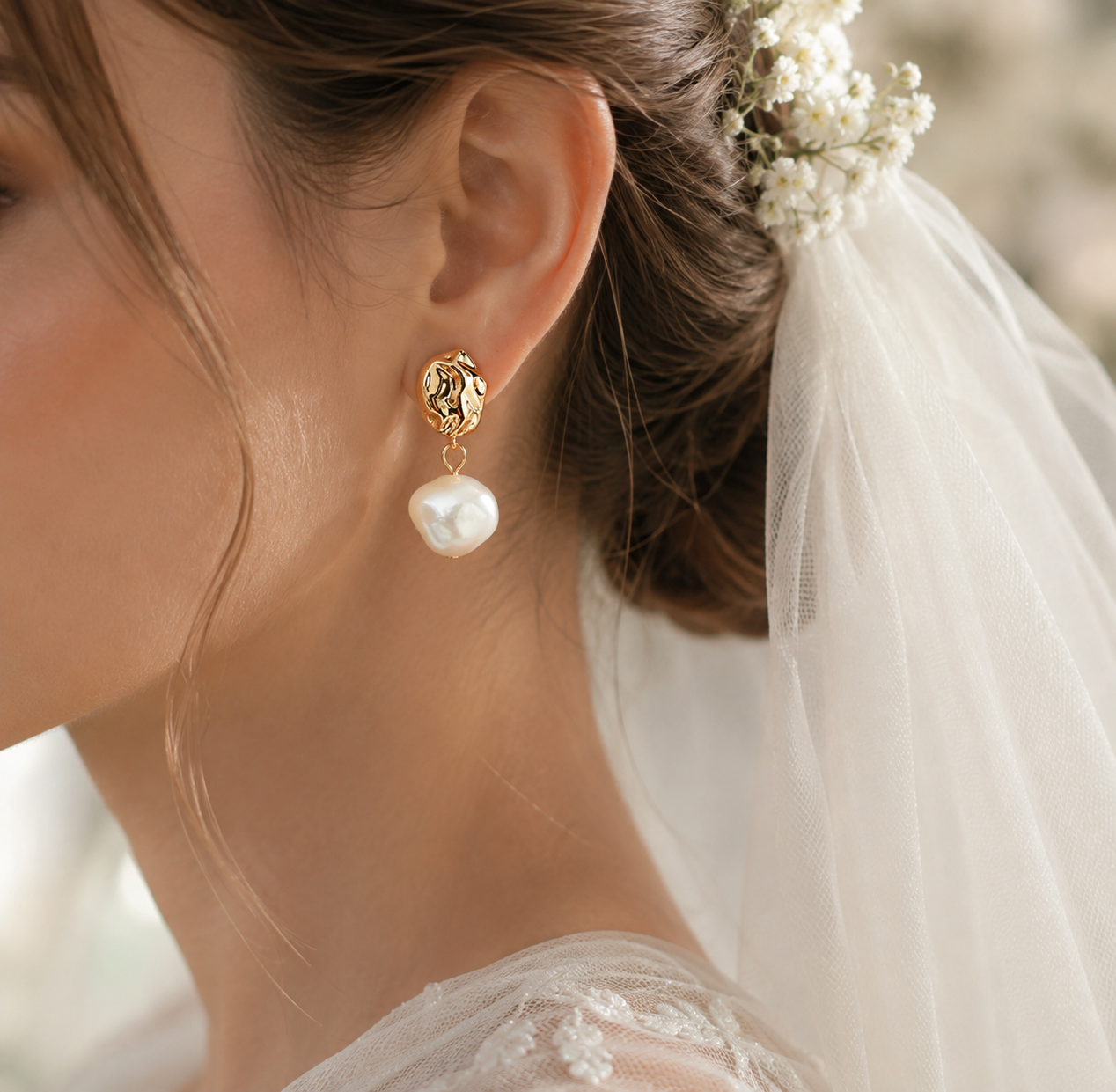 Bride wearing organic gold stud earrings with dangling freshwater pearls