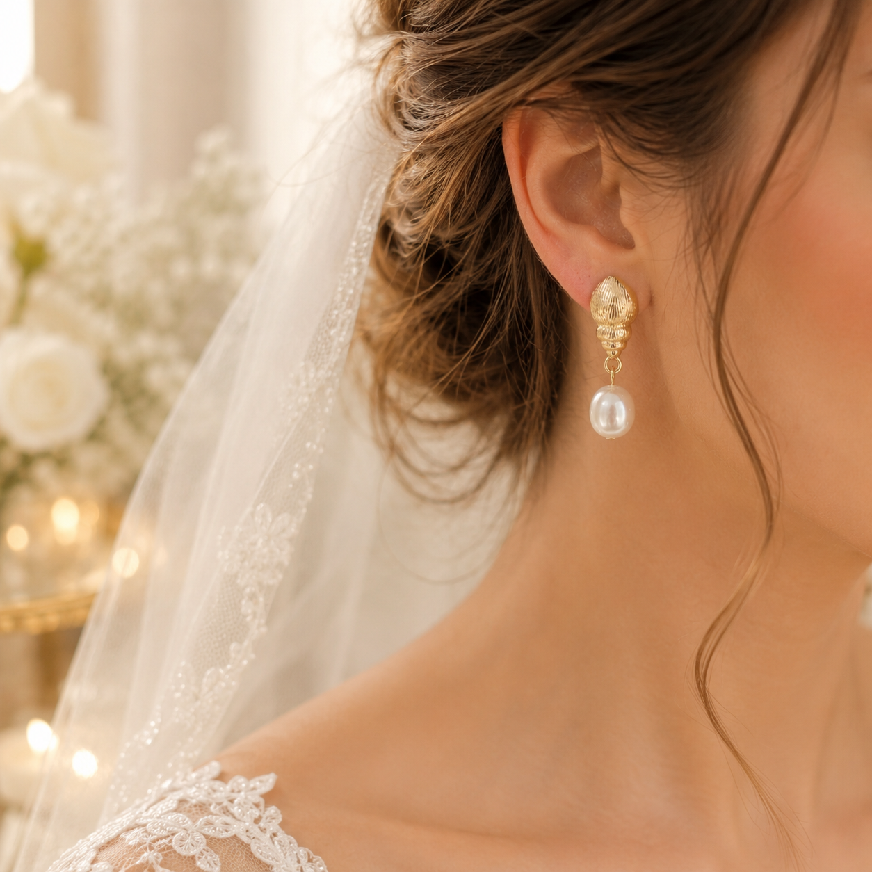 Side view of an oval freshwater pearl earring styled with a bridal veil