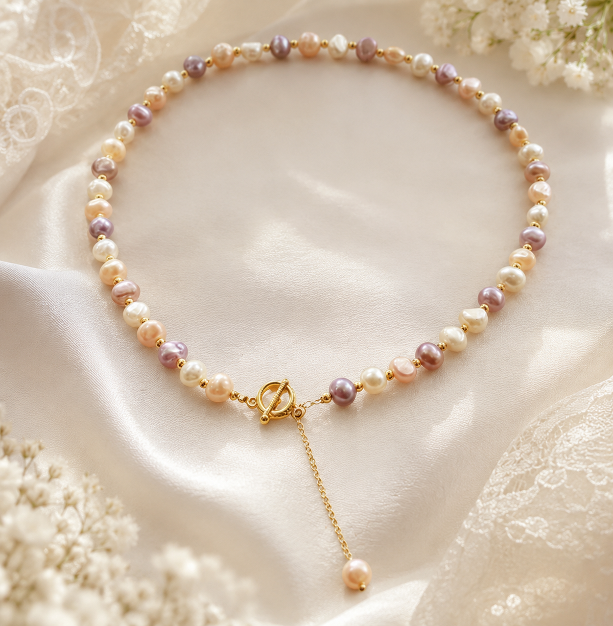 Pastel multicolor freshwater pearl necklace with gold tone spacers and toggle clasp