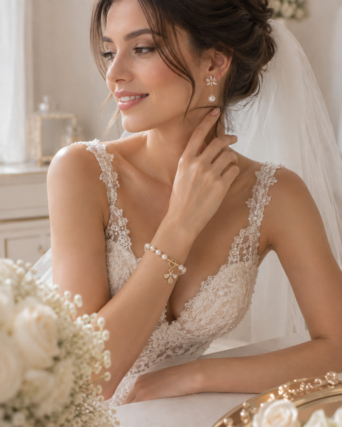 Bridal portrait featuring a white freshwater pearl bee charm bracelet