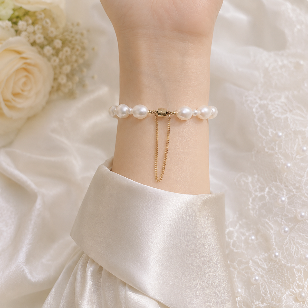 Gold-tone magnetic clasp and safety chain detail on a white pearl bracelet