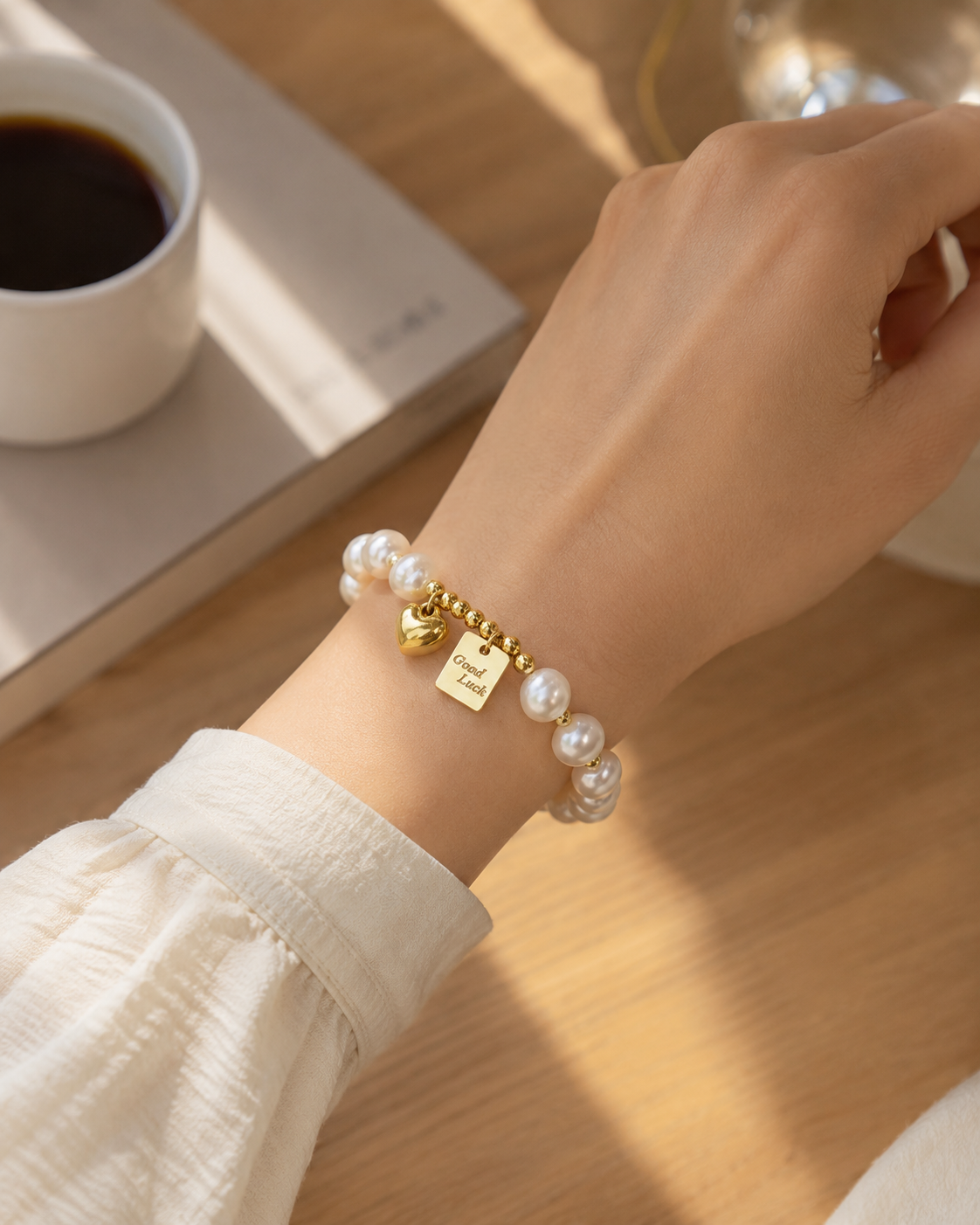 White pearl bracelet with a gold-tone heart and Good Luck charms worn on the wrist