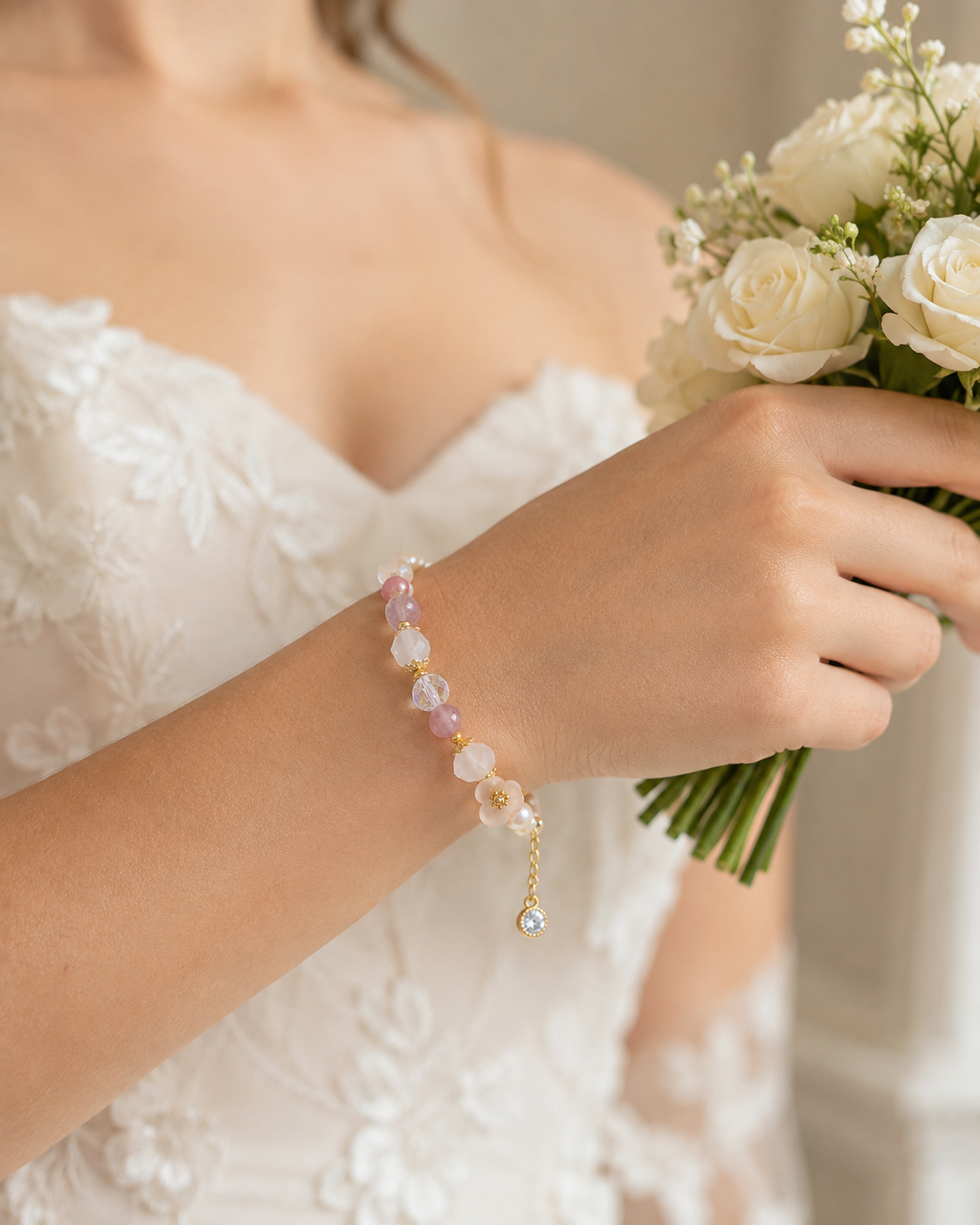 Bride holding a bouquet while wearing a freshwater pearl bracelet with pink beads and a flower charm
