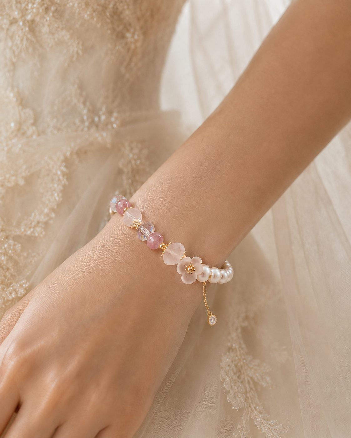 Freshwater pearl bracelet with pink and faceted beads and a flower charm worn on the wrist