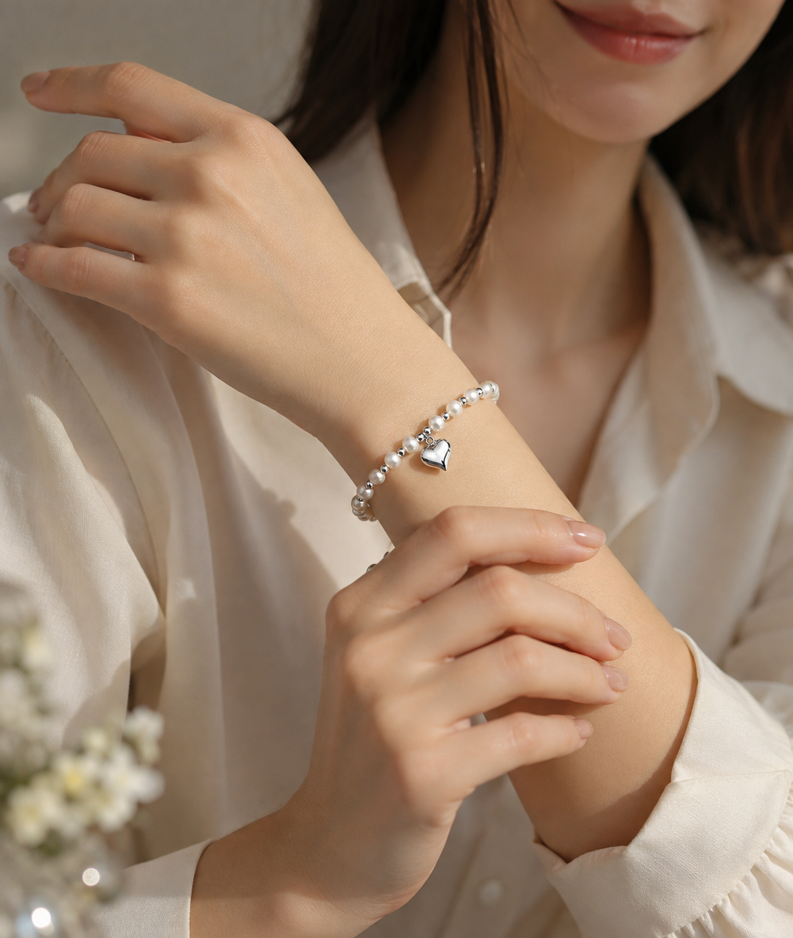 Woman wearing a white pearl bracelet with silver-tone beads and a dangling heart charm