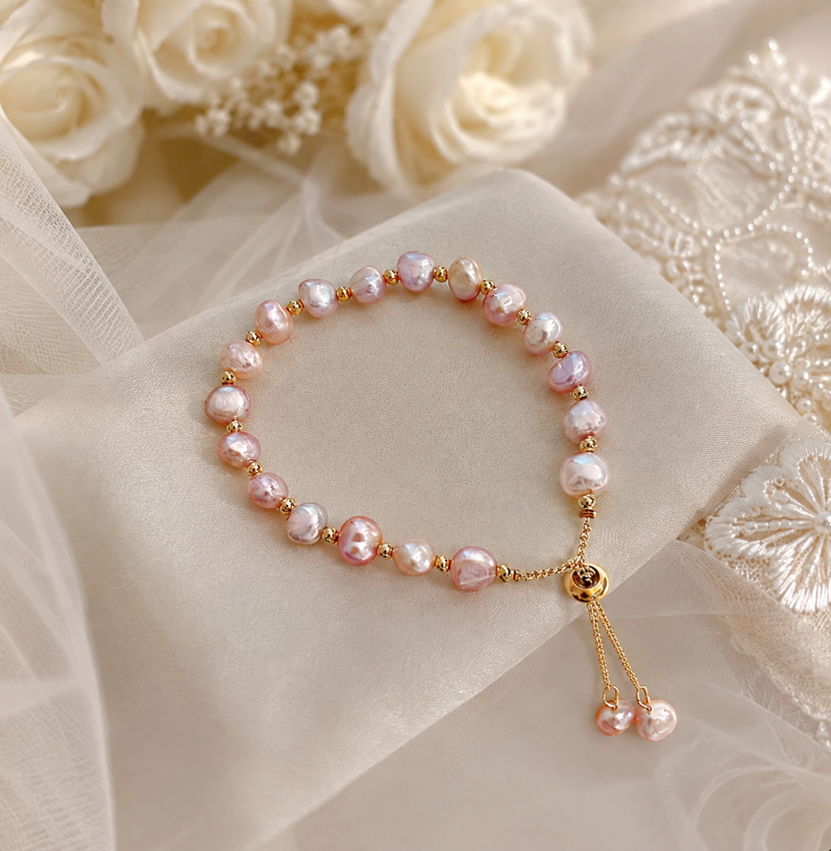 Pink baroque freshwater pearl adjustable bracelet displayed with bridal accessories