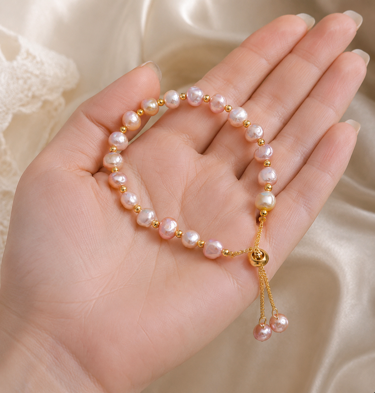 Pink baroque freshwater pearl bracelet with an adjustable gold-tone sliding closure displayed in hand