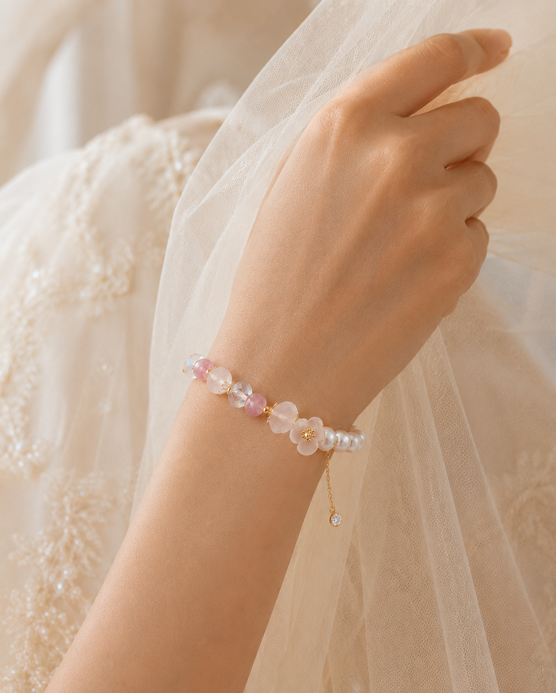 Bride wearing a freshwater pearl bracelet with pink beads and a delicate flower charm