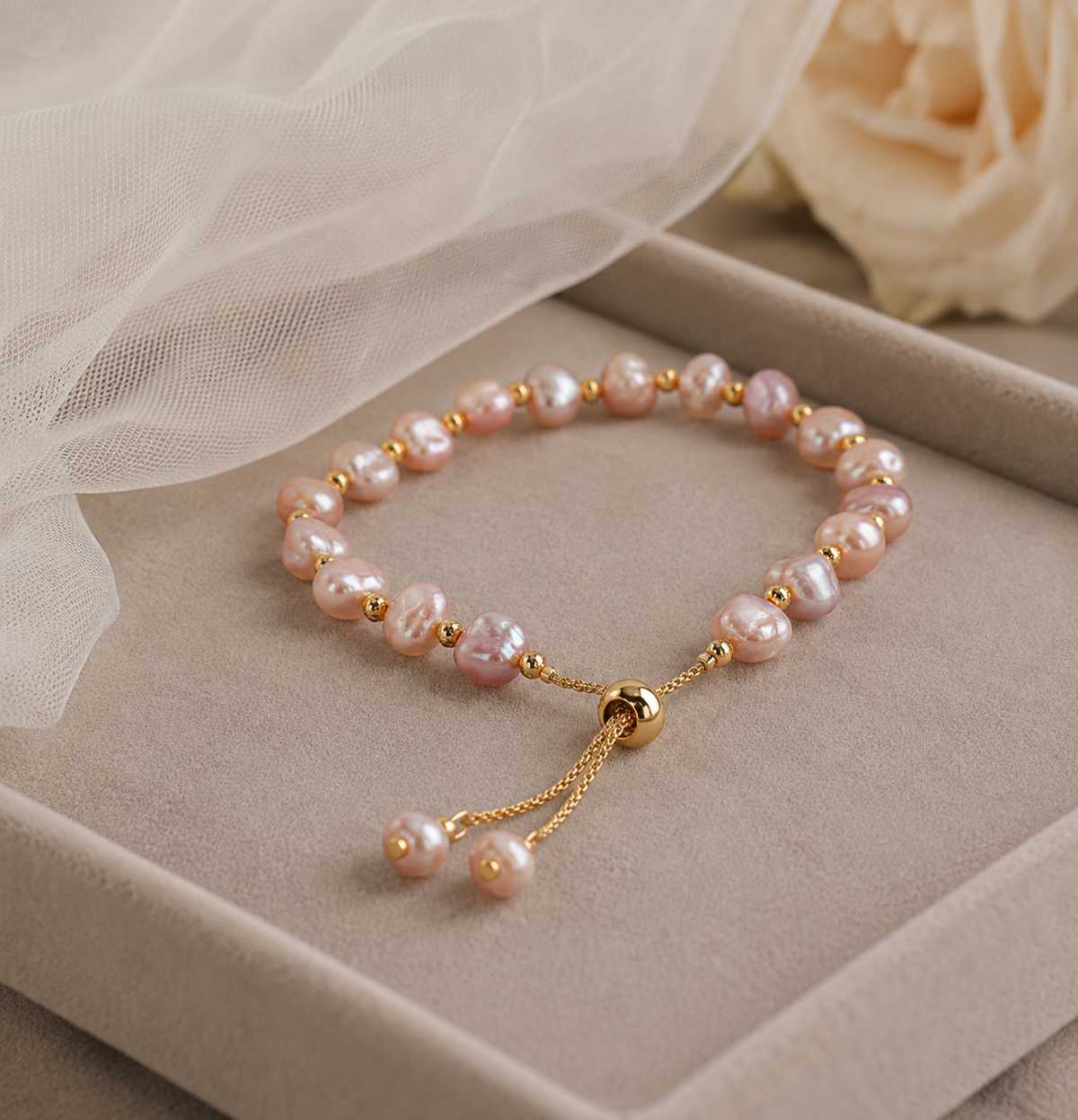Pink freshwater pearl adjustable bracelet displayed on a jewelry tray with bridal fabric