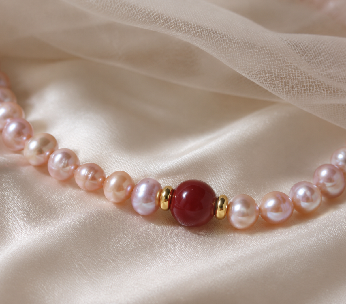Pink and lilac freshwater pearl beaded bracelet with a polished red center stone