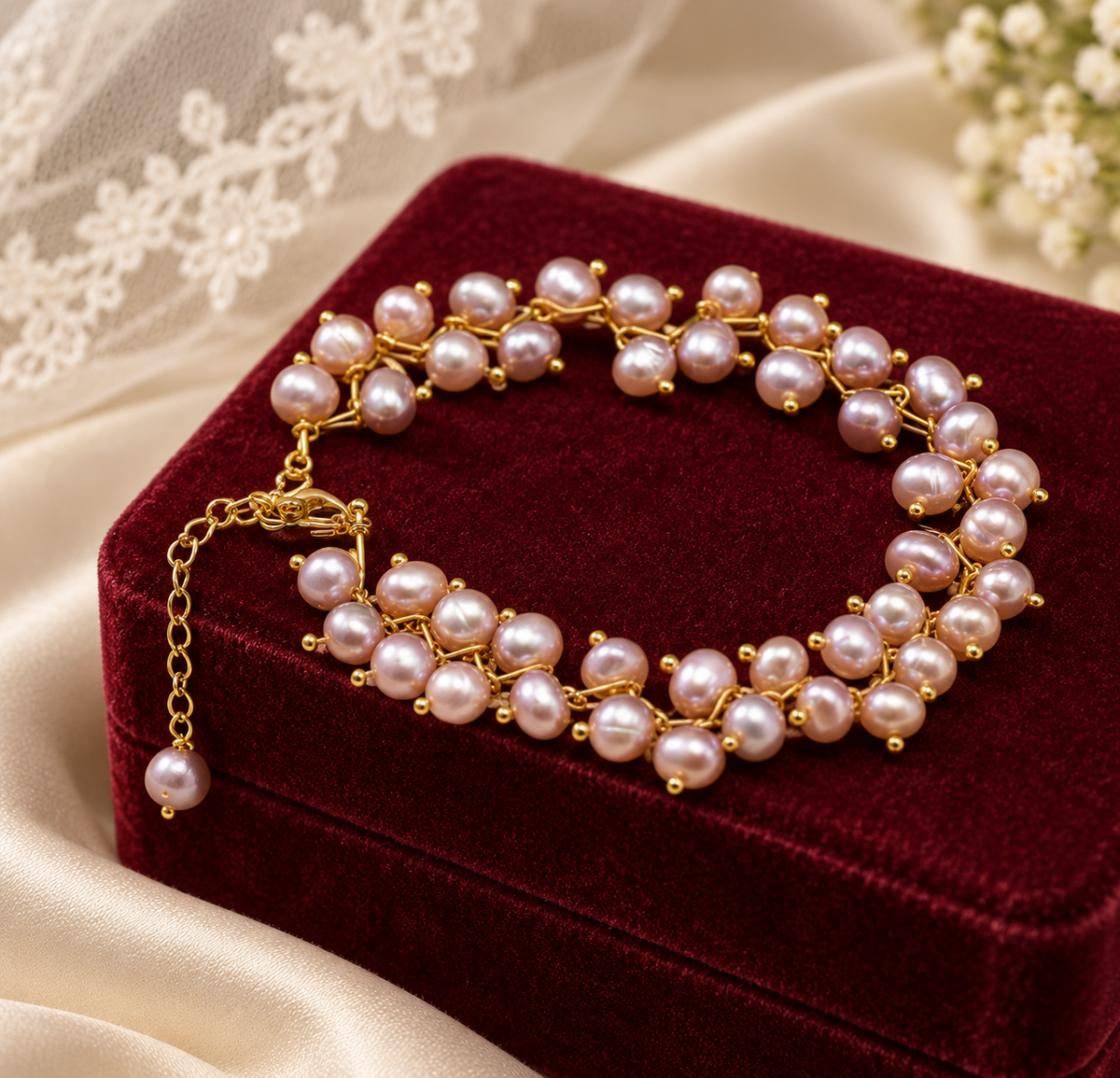 Pink genuine freshwater pearls arranged along a gold tone branch inspired bracelet
