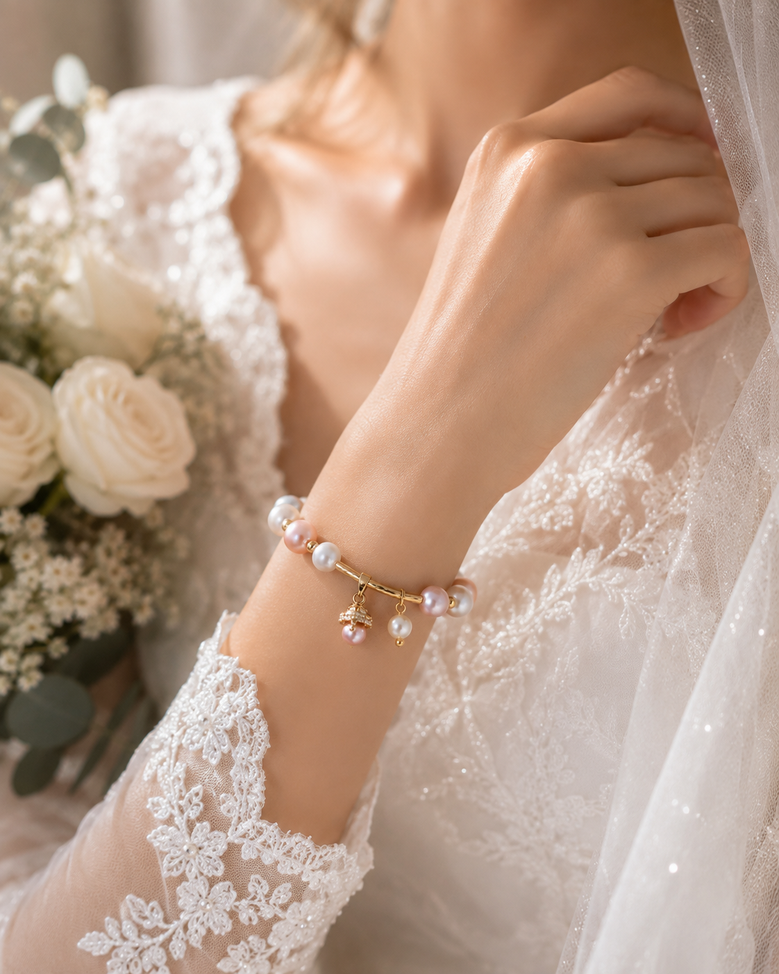 Bride wearing a pink and white freshwater pearl charm bracelet