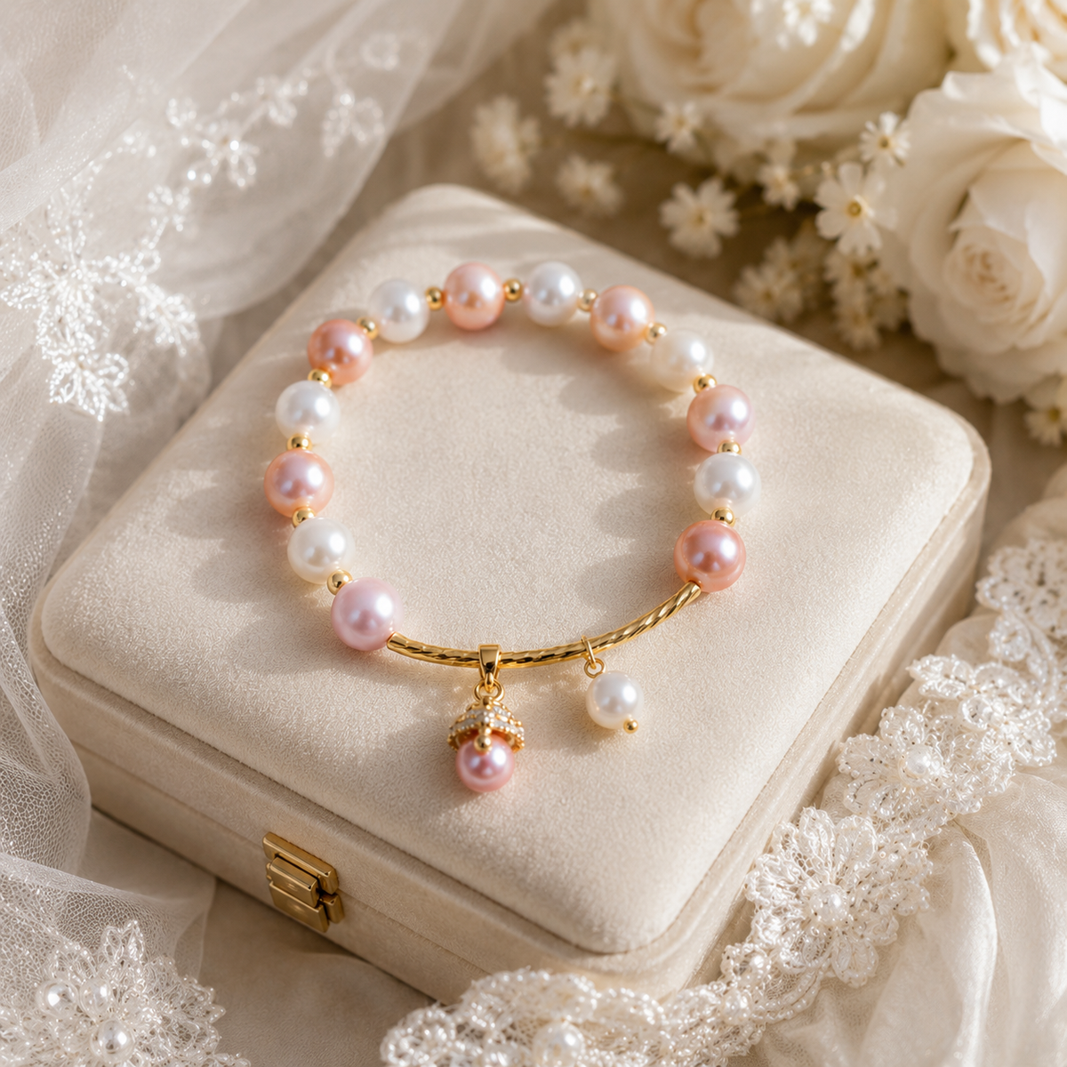 Freshwater pearl charm bracelet displayed on a cream jewelry box