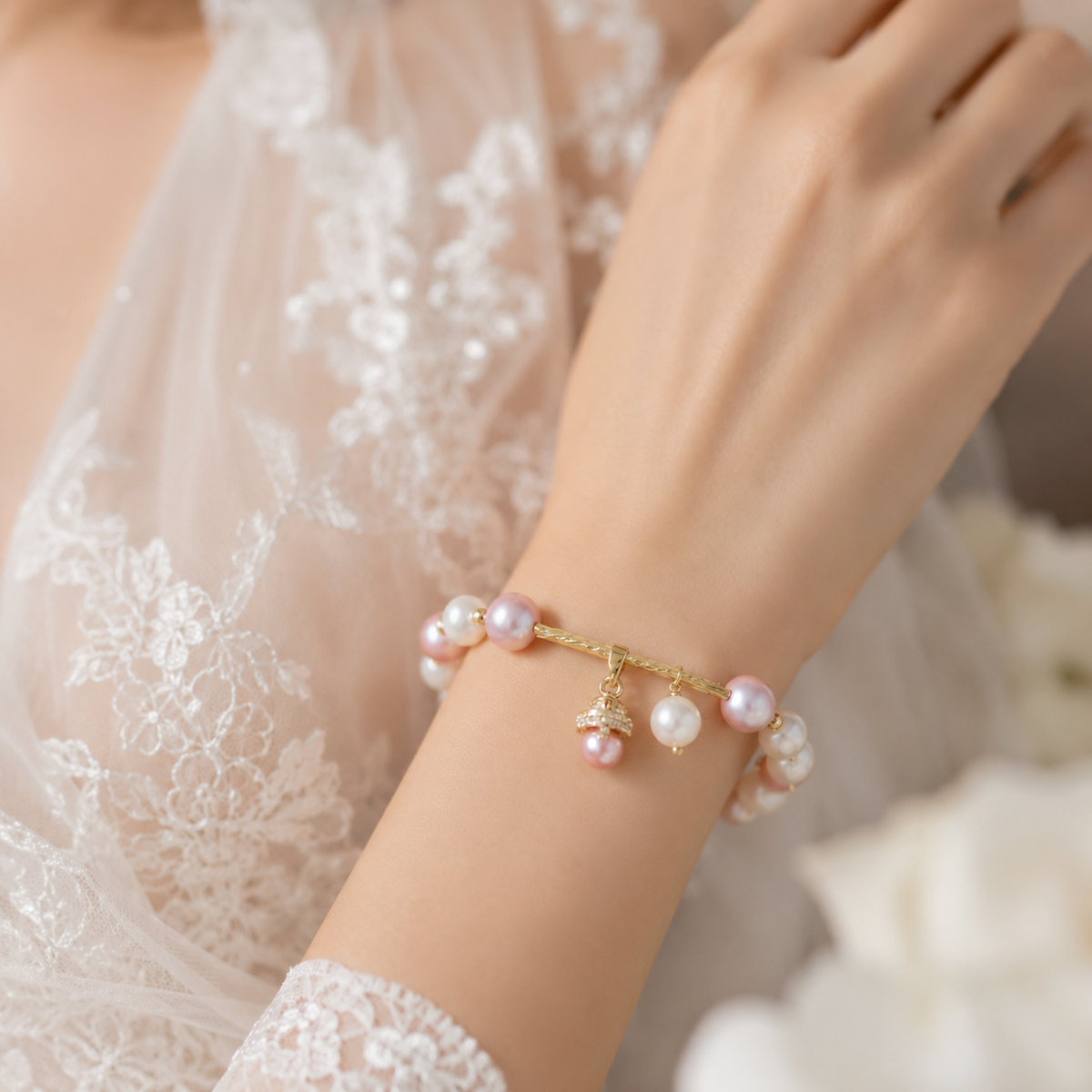Pink and white freshwater pearl charm bracelet styled on a bridal wrist