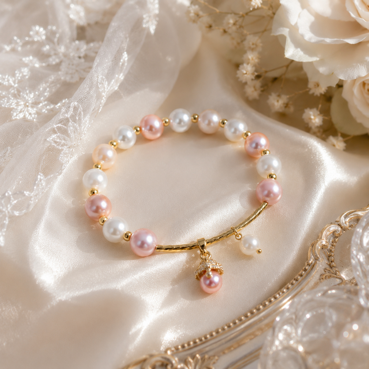 Pink and white freshwater pearl bracelet displayed on ivory satin