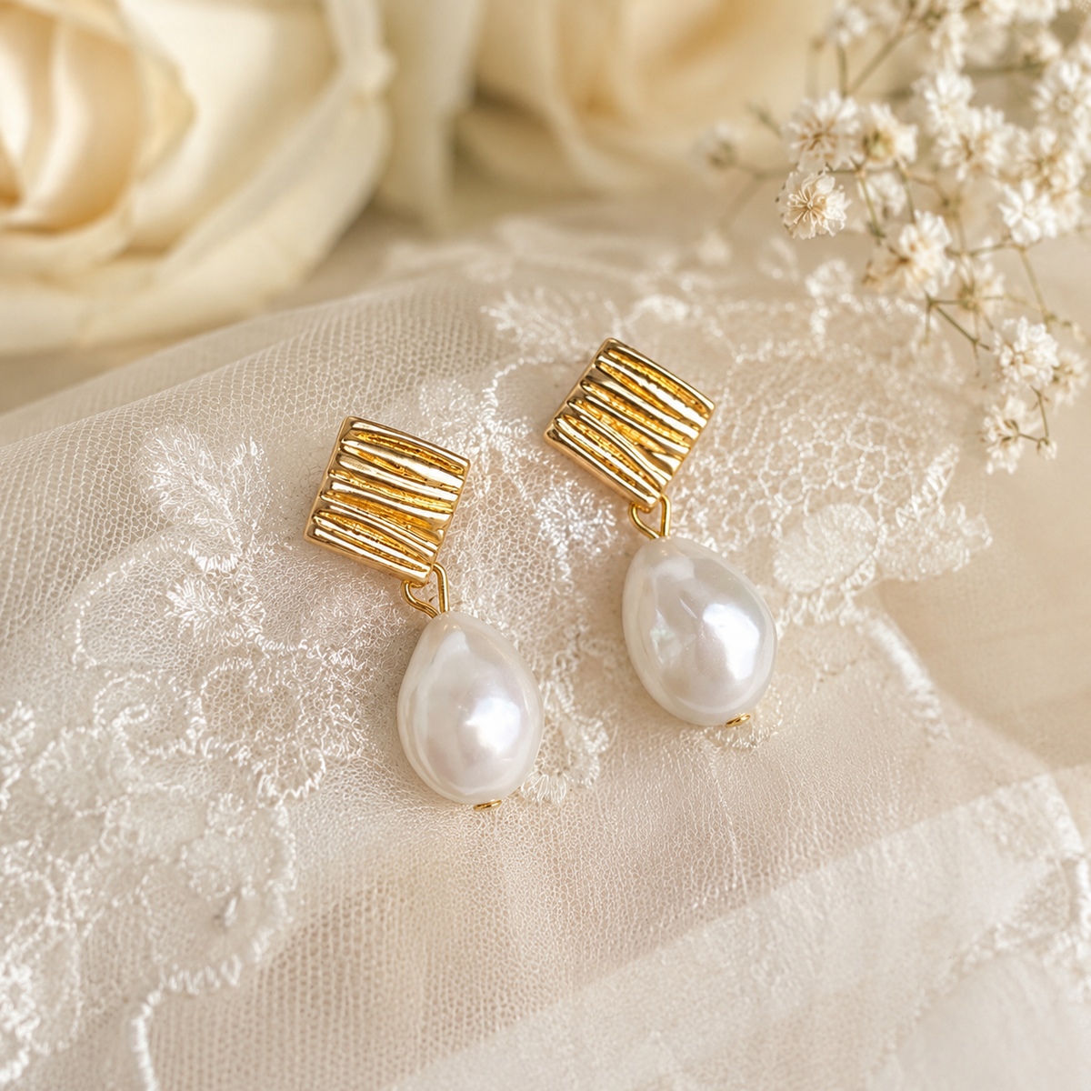 Teardrop freshwater pearl earrings with structured ribbed gold square studs