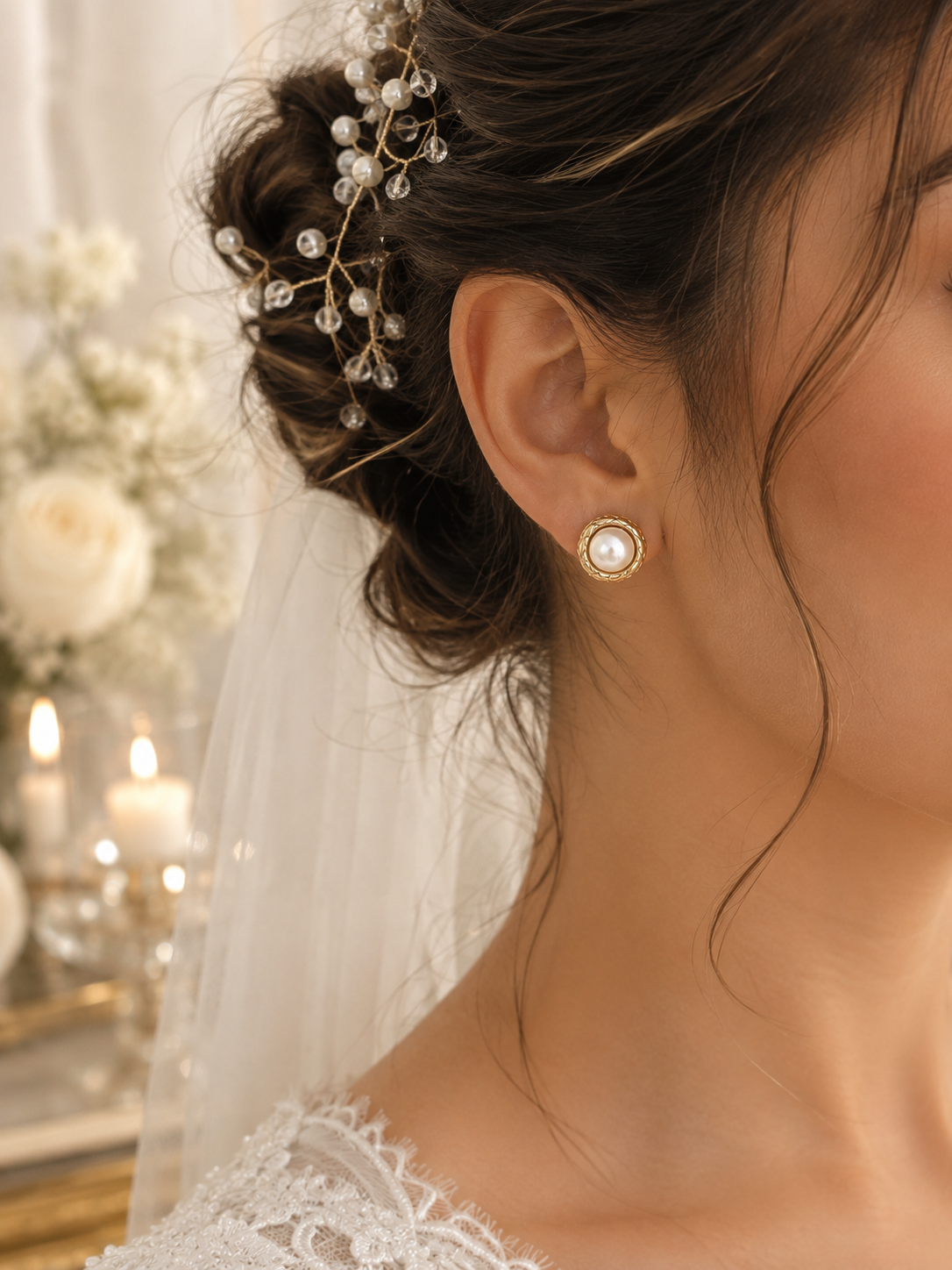 Close-up of a round pearl stud with a polished gold rope-style frame