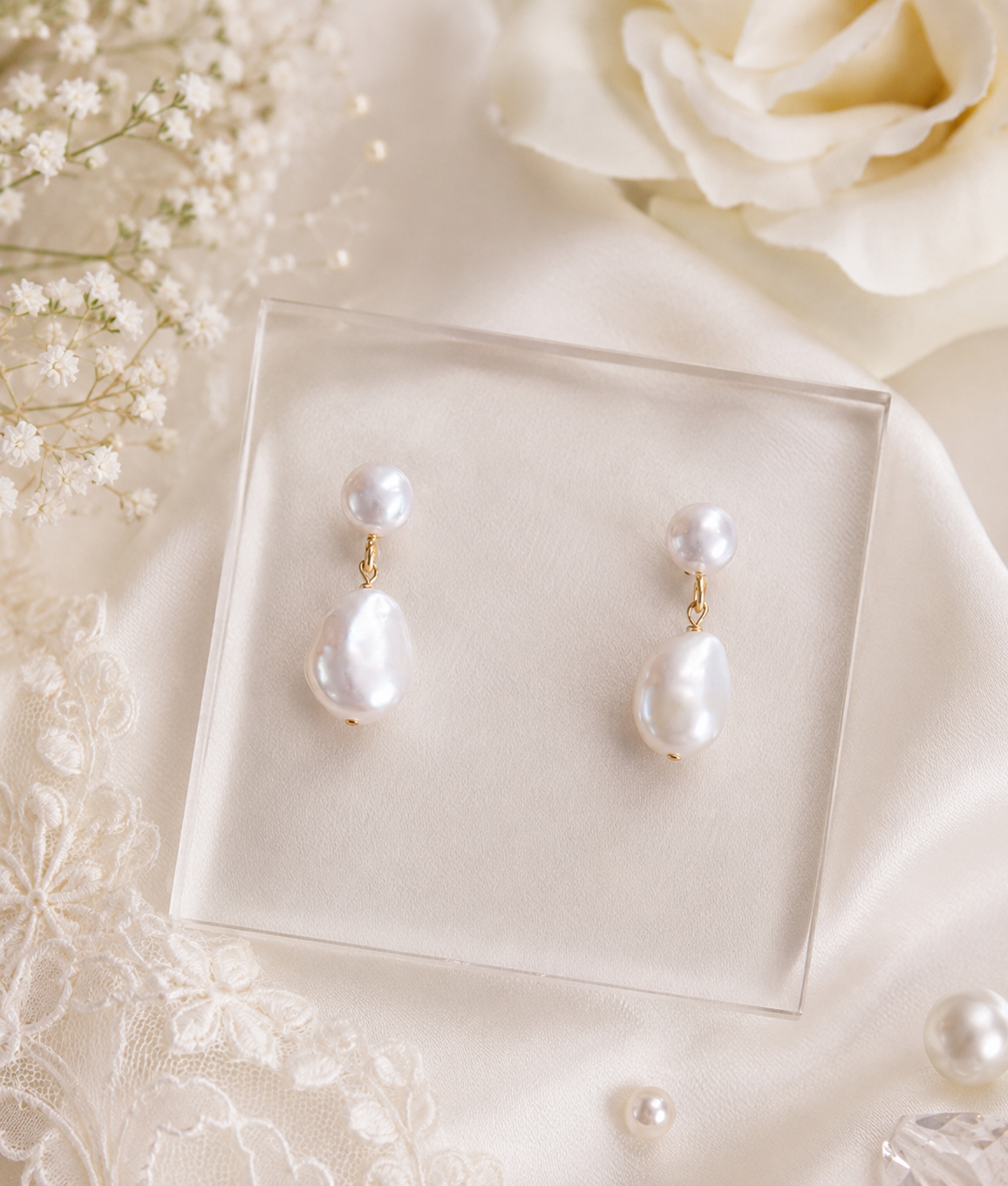 Double freshwater pearl earrings with round studs and irregular baroque drops