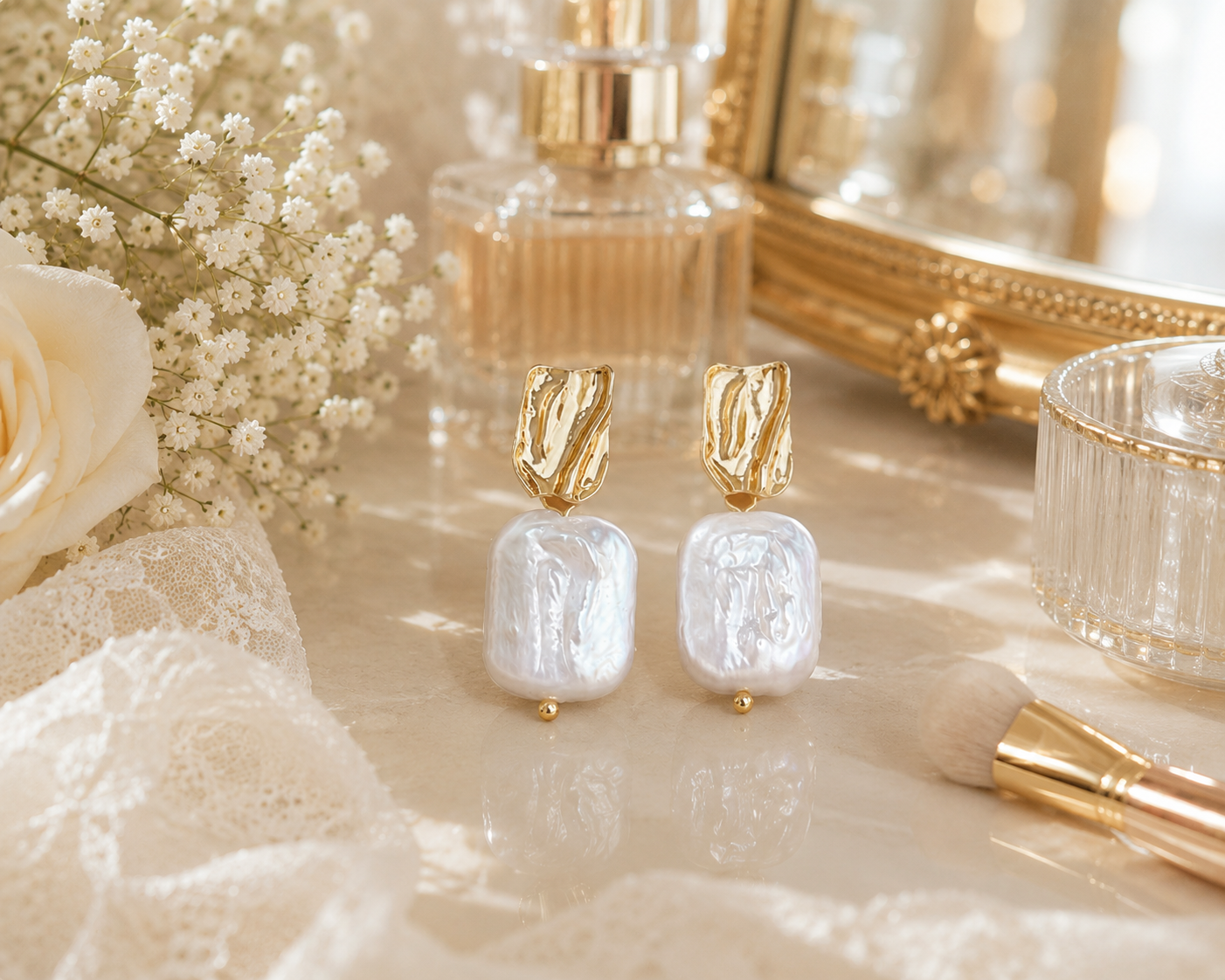 Sculptural baroque pearl statement earrings displayed on an elegant bridal vanity