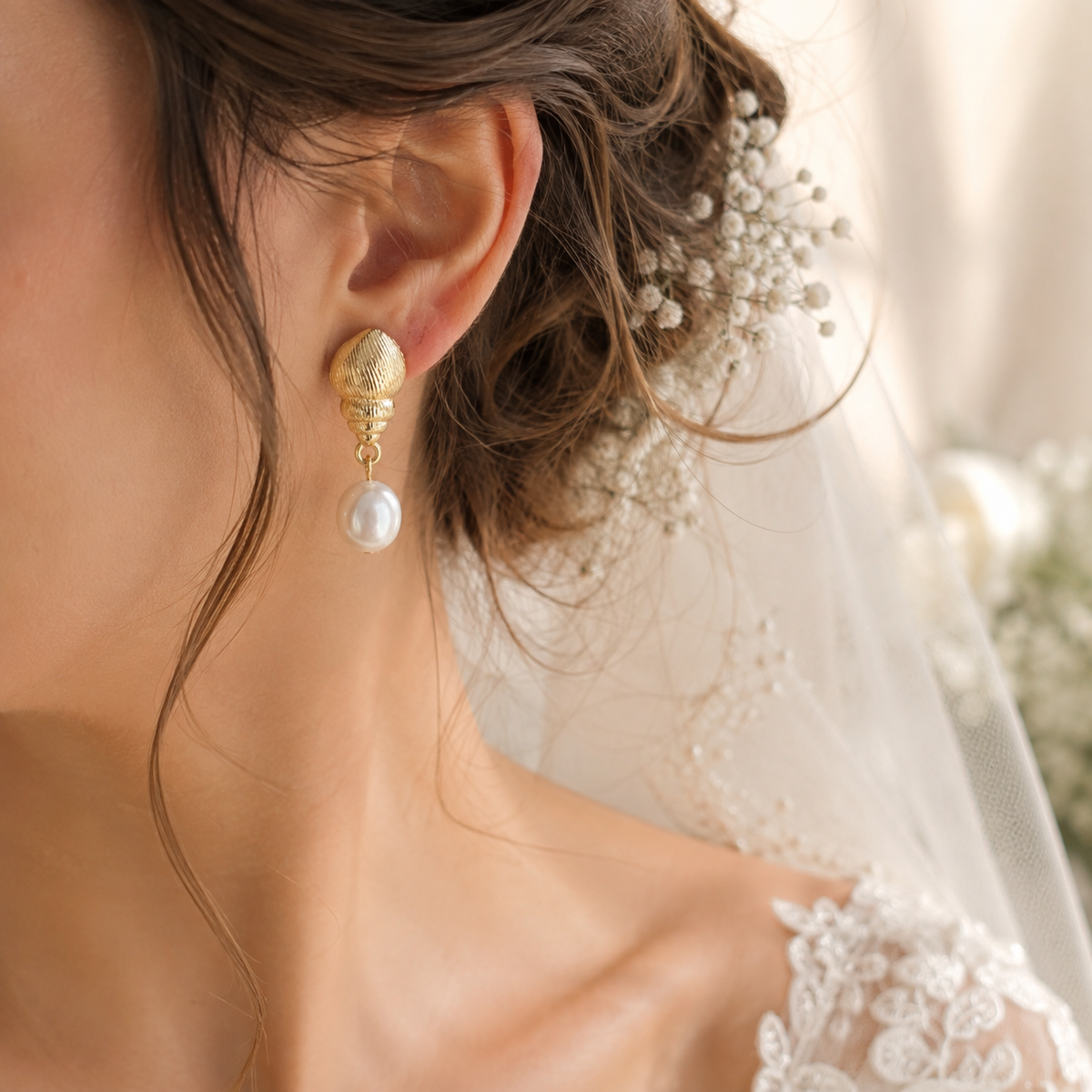 Bride wearing a shell-motif stud earring with a luminous white pearl drop