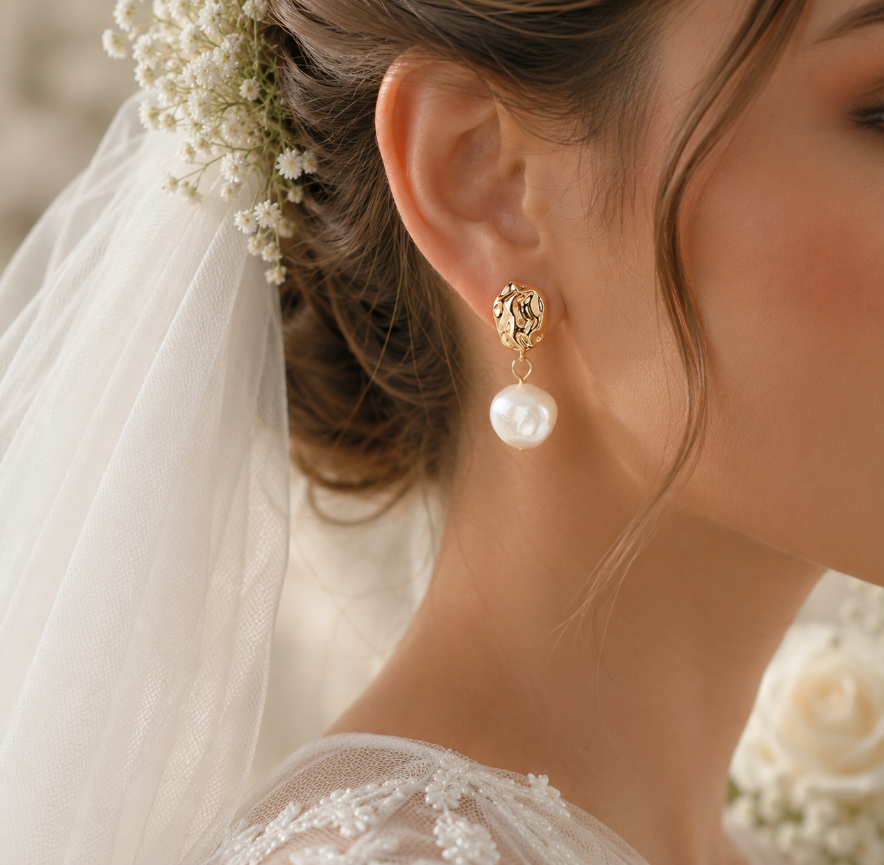 Statement baroque pearl earring styled with a bridal veil and floral hairpiece