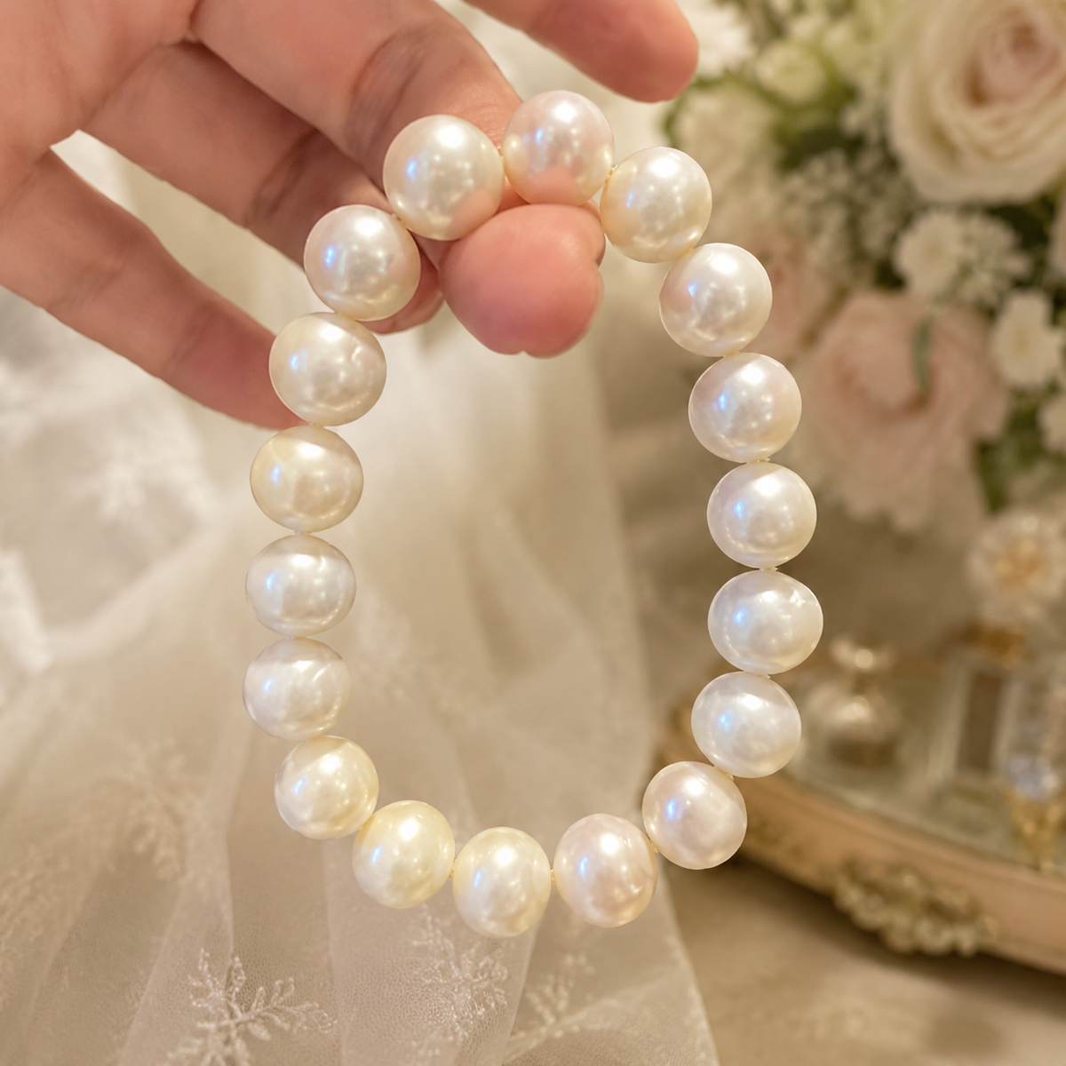 Statement bracelet made with large luminous white freshwater pearls displayed in hand