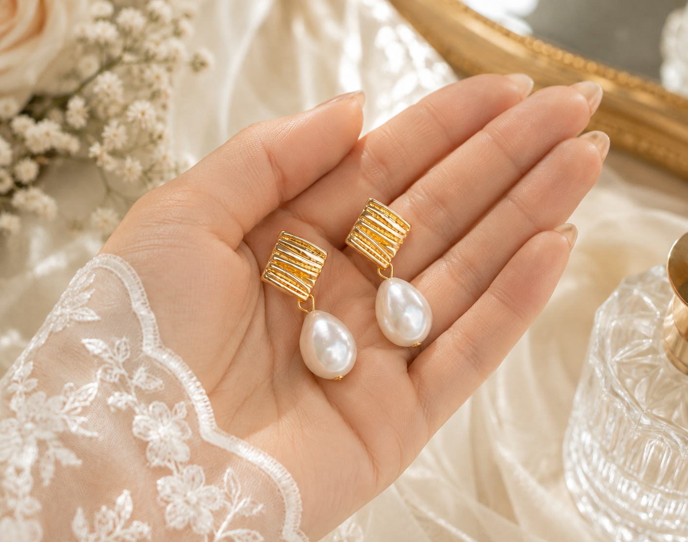 Geometric gold and teardrop pearl earrings displayed in hand for size reference