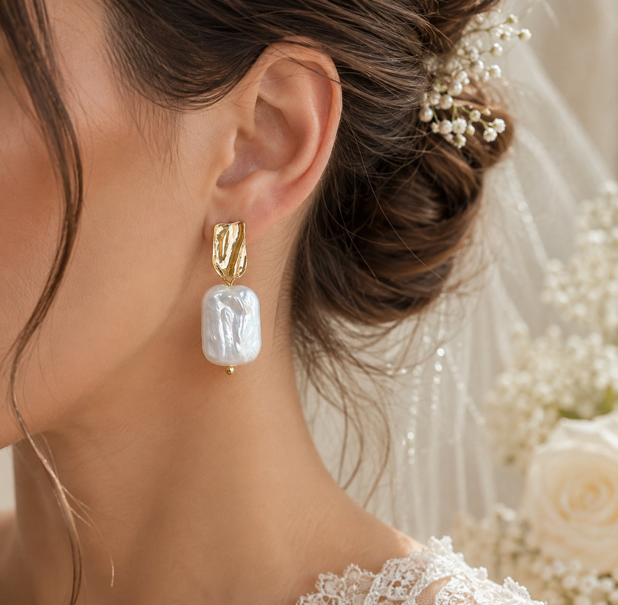 Bride wearing a textured rectangular pearl drop earring with a fluid-shaped stud