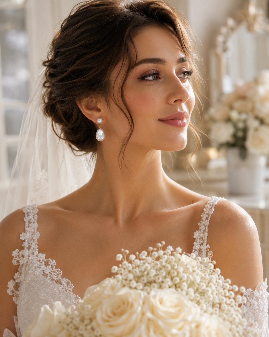 Bride wearing timeless two-pearl dangle earrings with an elegant updo