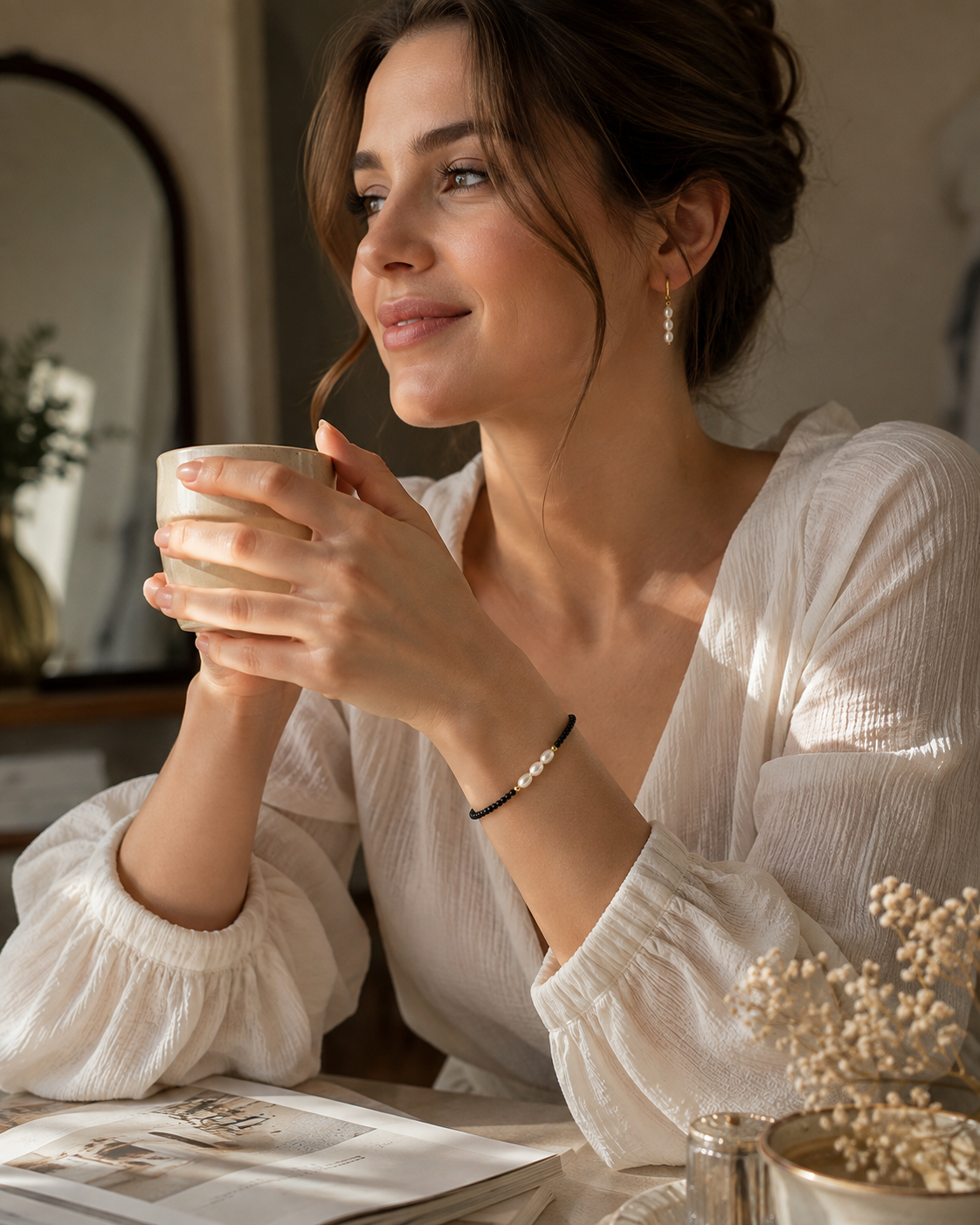 Woman wearing a triple freshwater pearl bracelet with delicate black faceted beads