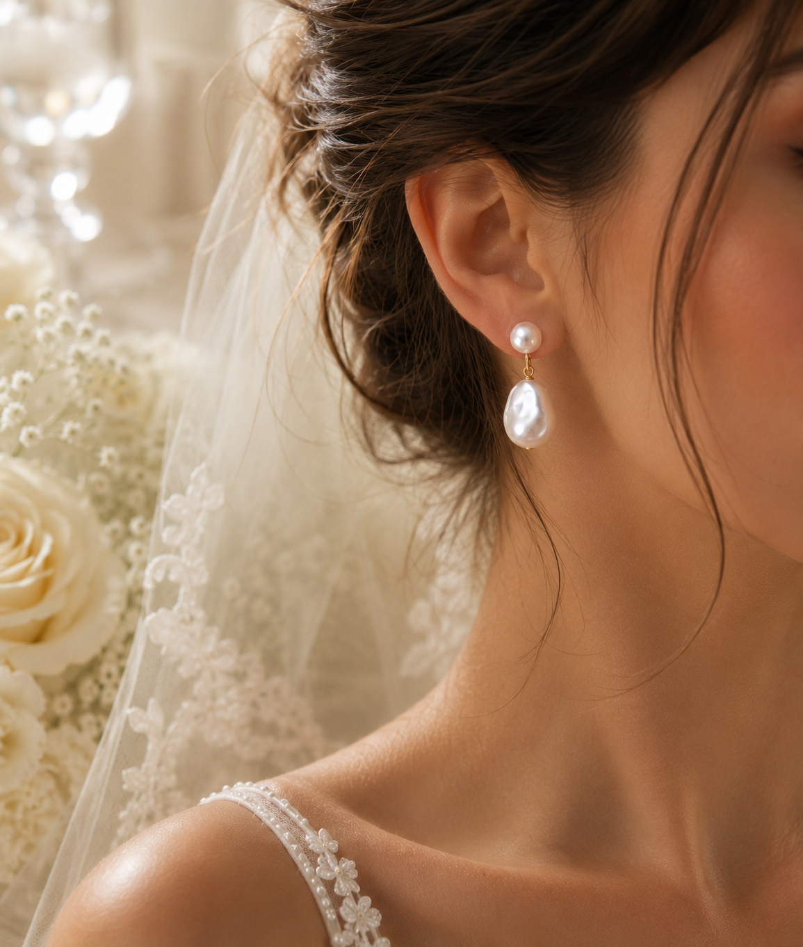 Close wedding profile showing a round pearl stud and luminous baroque pearl drop