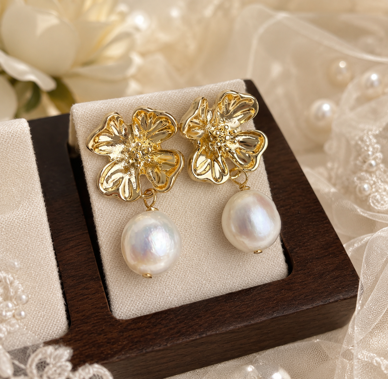 Pair of white baroque freshwater pearl earrings with sculptural gold-tone blossom studs