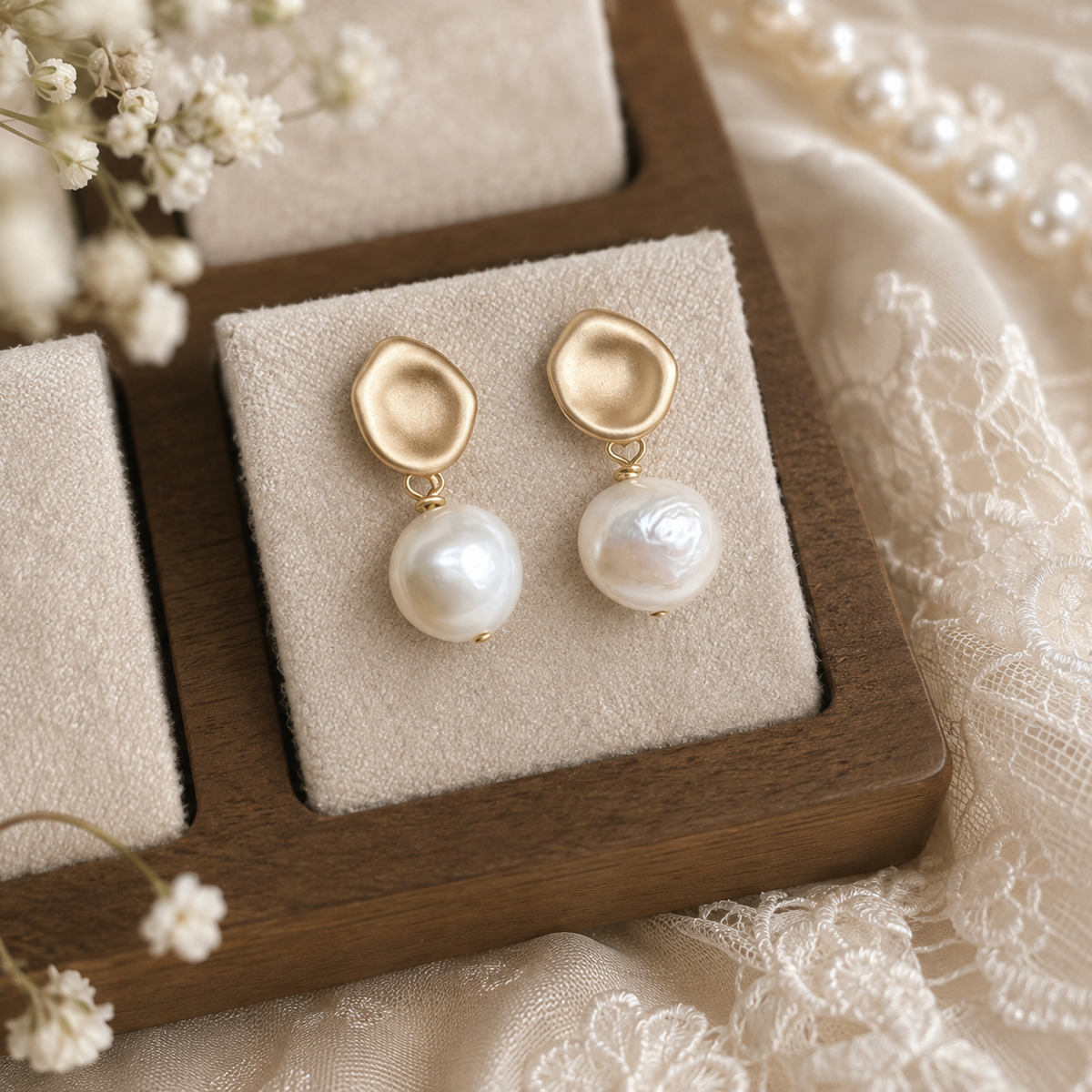 White baroque freshwater pearl earrings with matte gold-tone organic studs