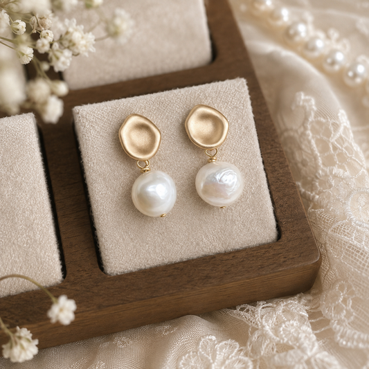 White baroque freshwater pearl earrings with matte gold-tone organic studs