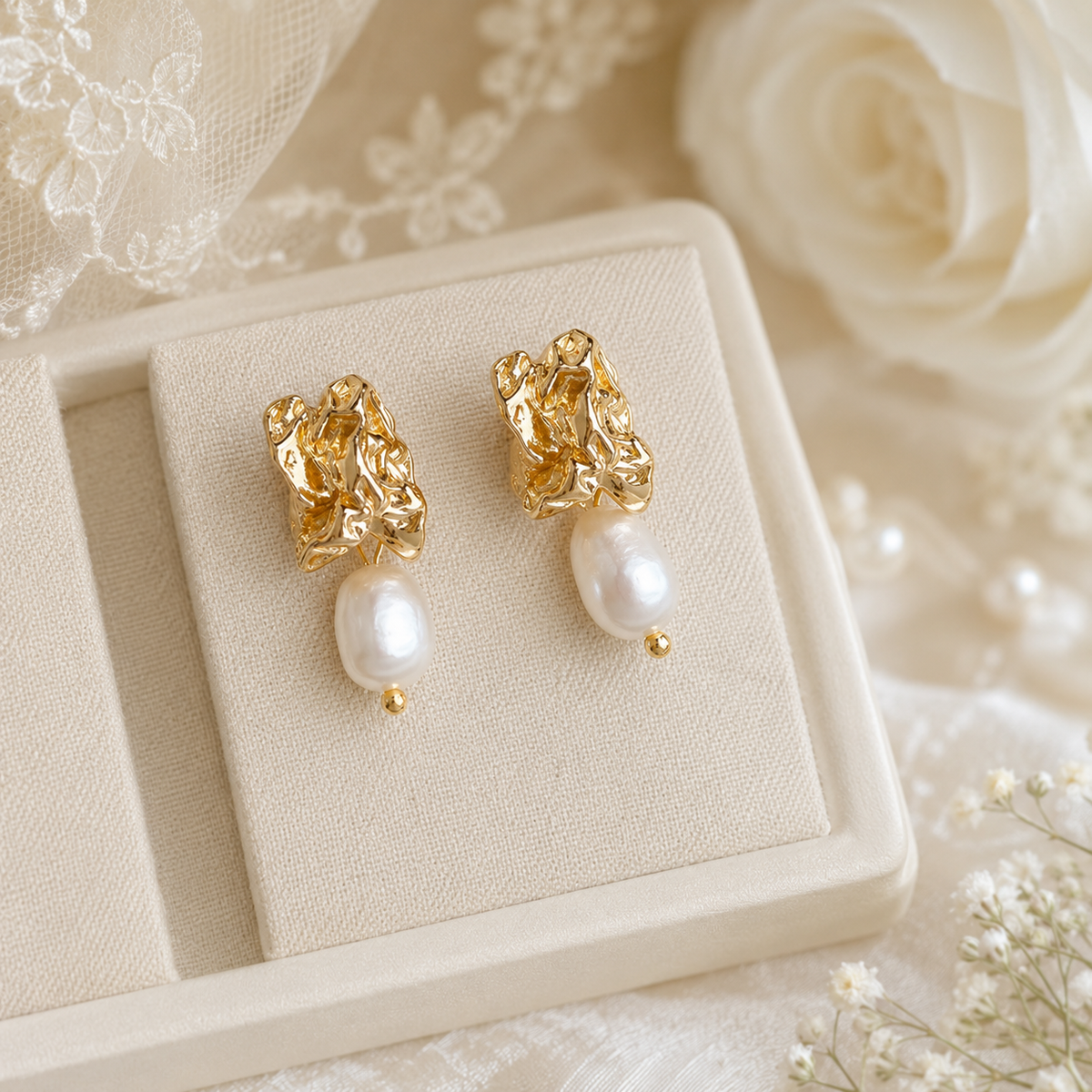 Pair of white baroque freshwater pearl earrings with sculptural gold-tone studs