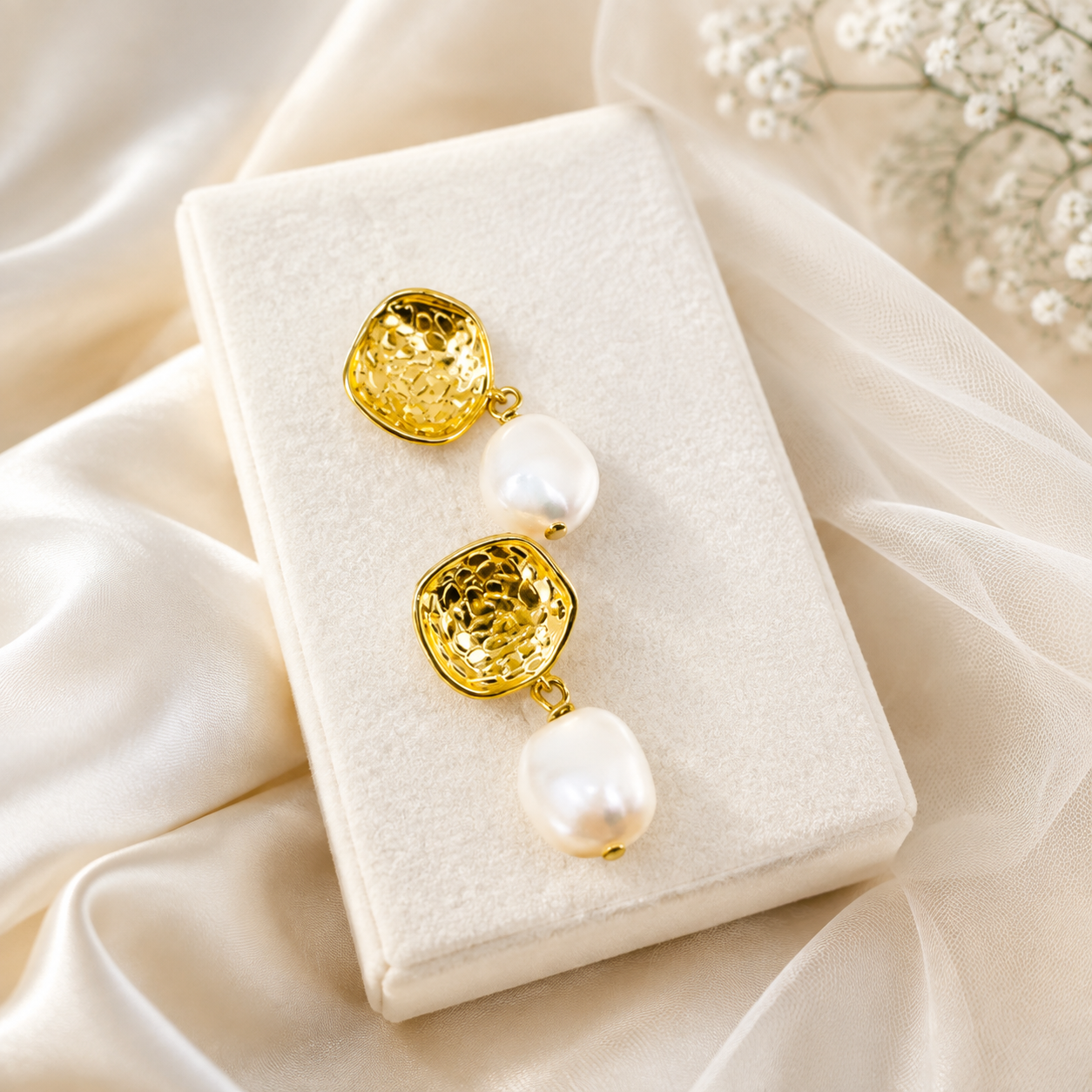 Pair of white baroque freshwater pearl drop earrings with textured gold-tone oval studs