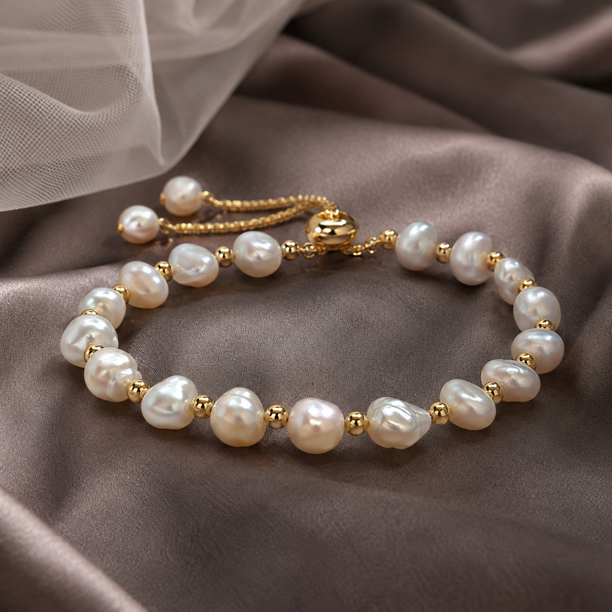 White baroque freshwater pearl adjustable bracelet displayed on brown satin