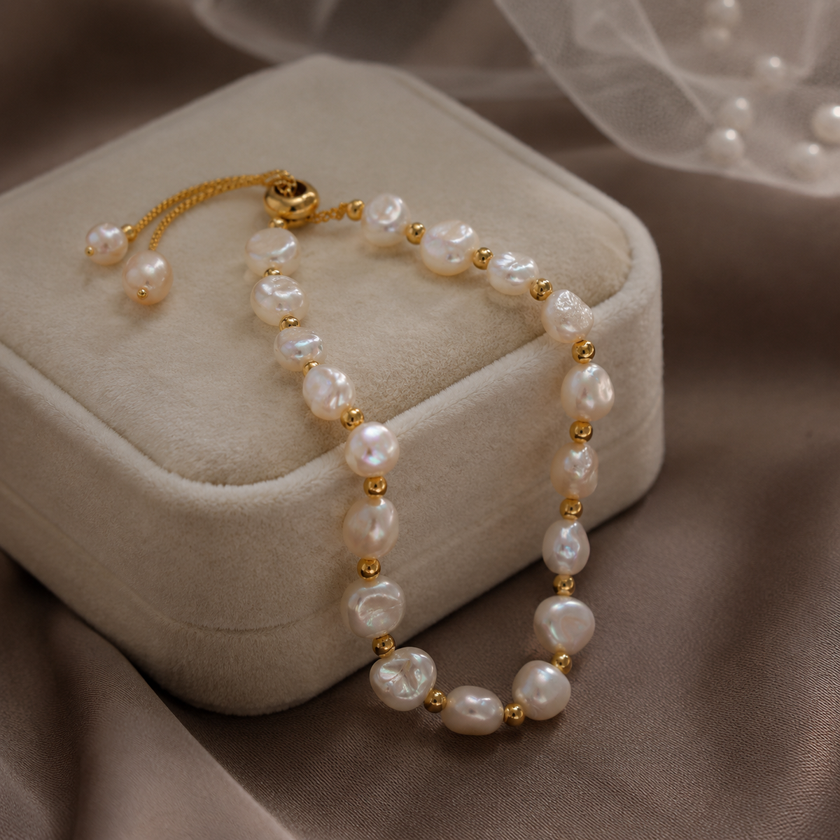 White baroque freshwater pearl bracelet with gold-tone beads displayed beside a jewelry box