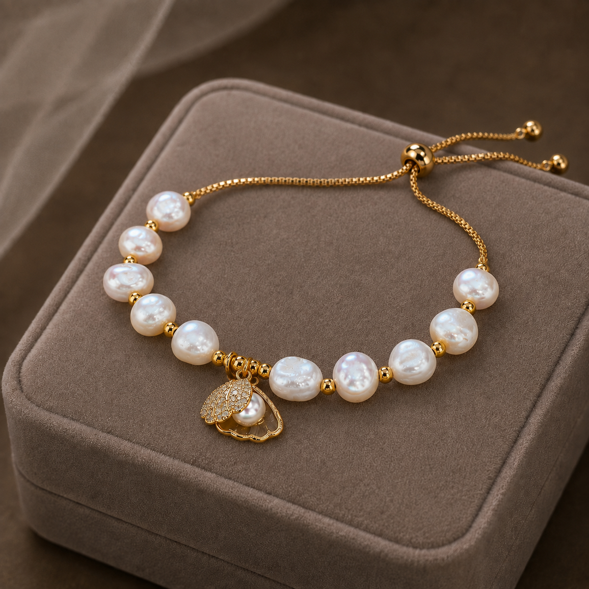 Close-up of a white baroque freshwater pearl bracelet with an open shell and pearl charm