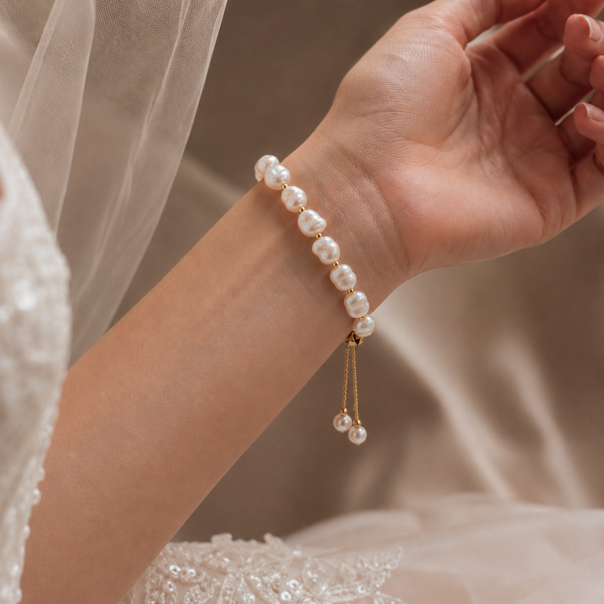 Bride wearing a white baroque freshwater pearl bracelet with an adjustable gold-tone closure