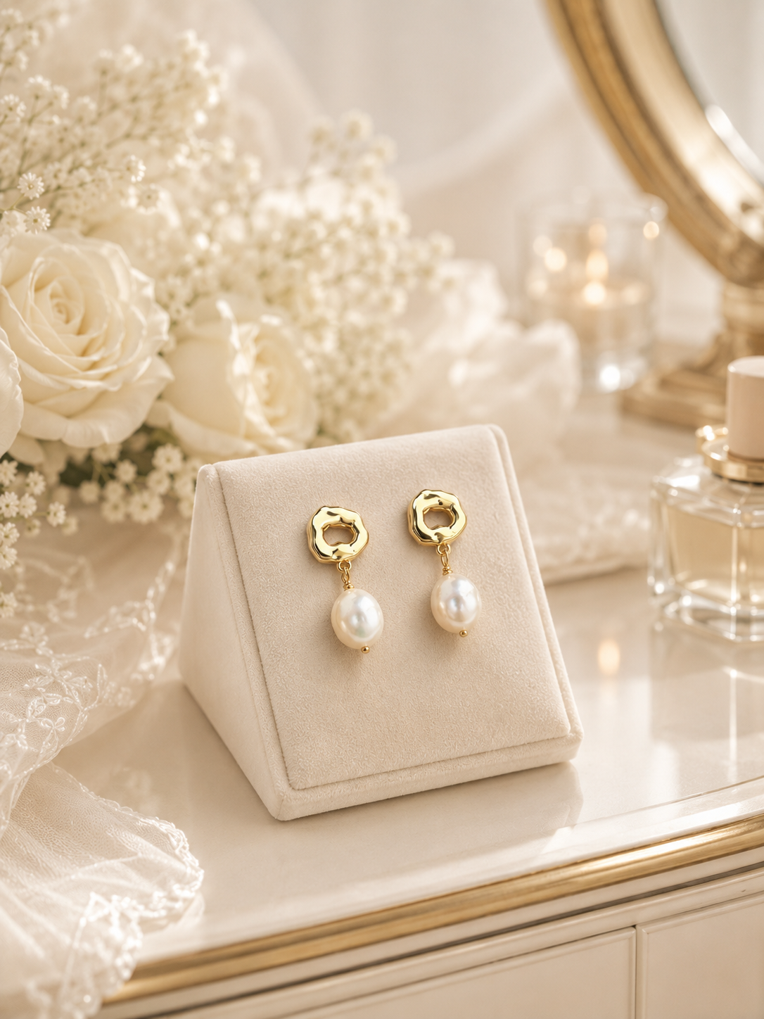 Pair of white baroque pearl and sculptural gold-tone earrings on a bridal display