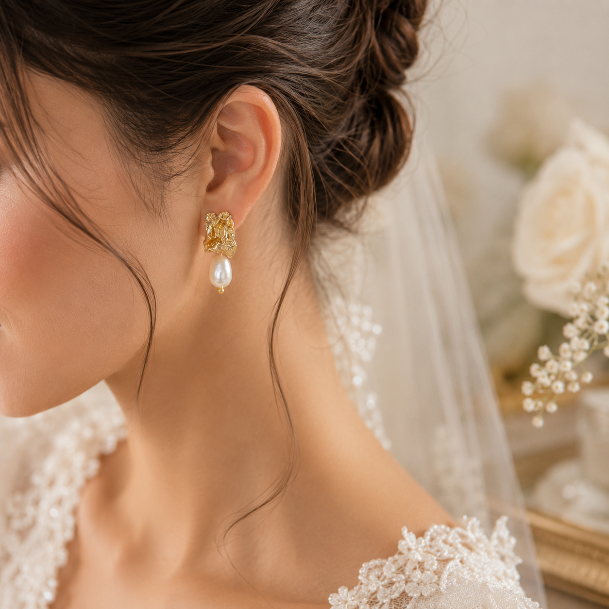 White baroque pearl and sculptural gold earrings styled for a bridal look