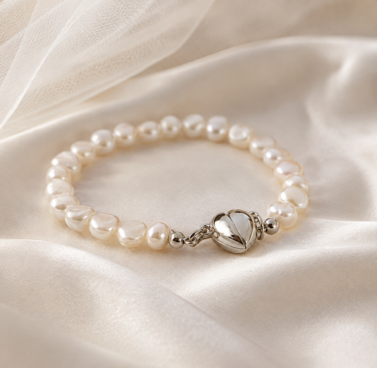 Close-up of a white baroque freshwater pearl bracelet with a polished heart-shaped magnetic clasp