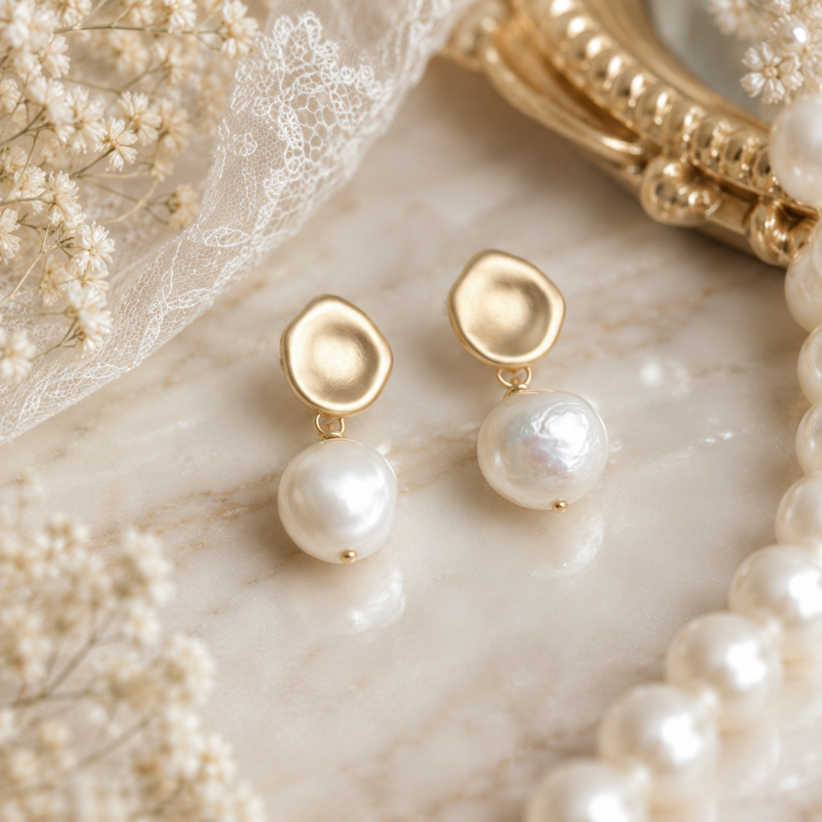 Pair of white baroque pearl earrings with sculpted matte gold-tone studs