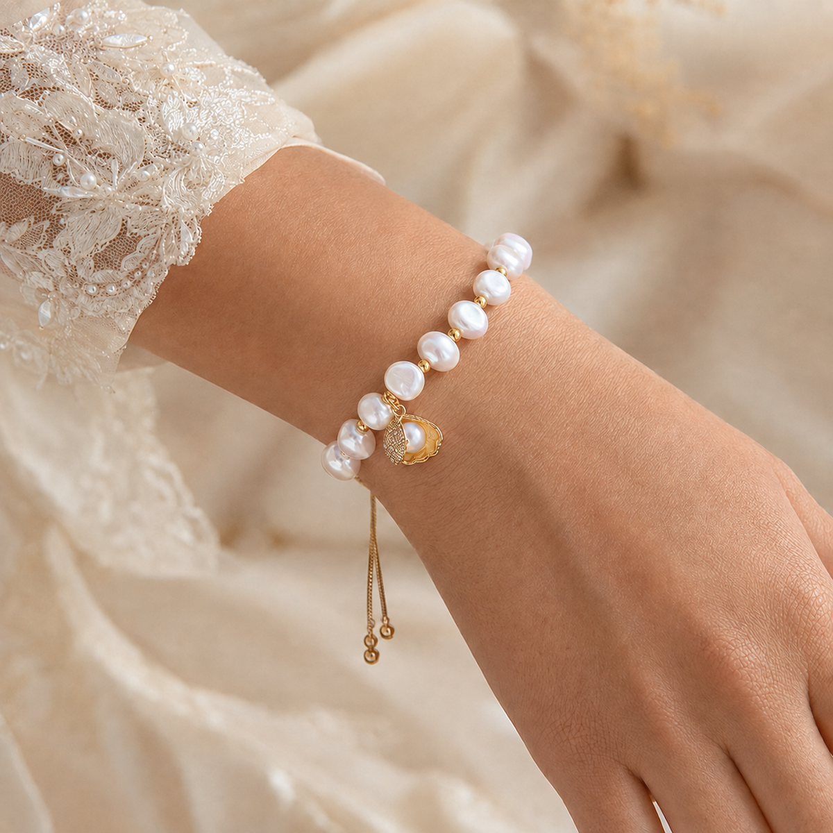 Bride wearing a white baroque freshwater pearl bracelet with a crystal detailed shell charm